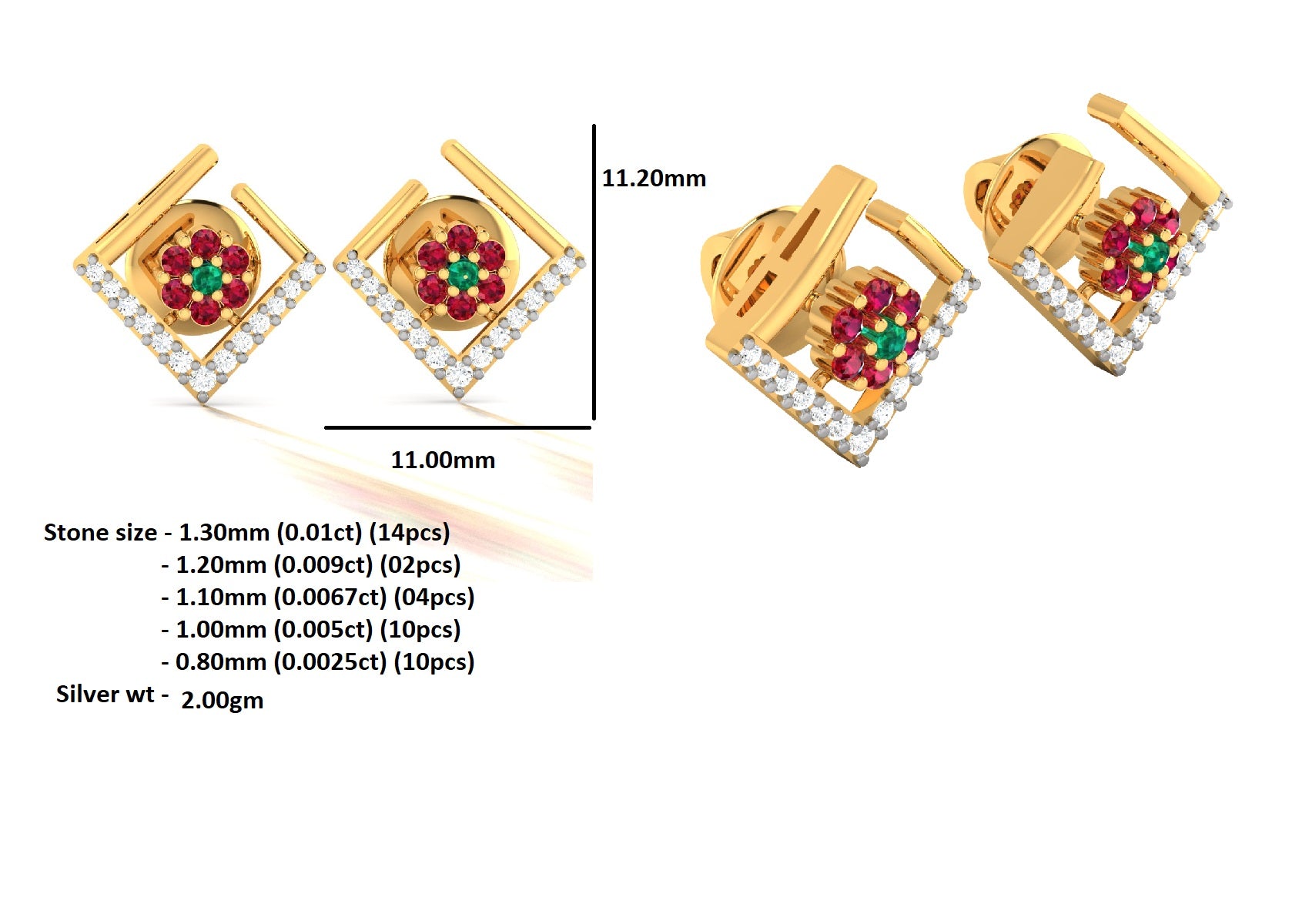 RKC 925 Sterling Silver Open Square Stud Women Earring 14k Rose Over 2.00 Gm Height 11.20 MM