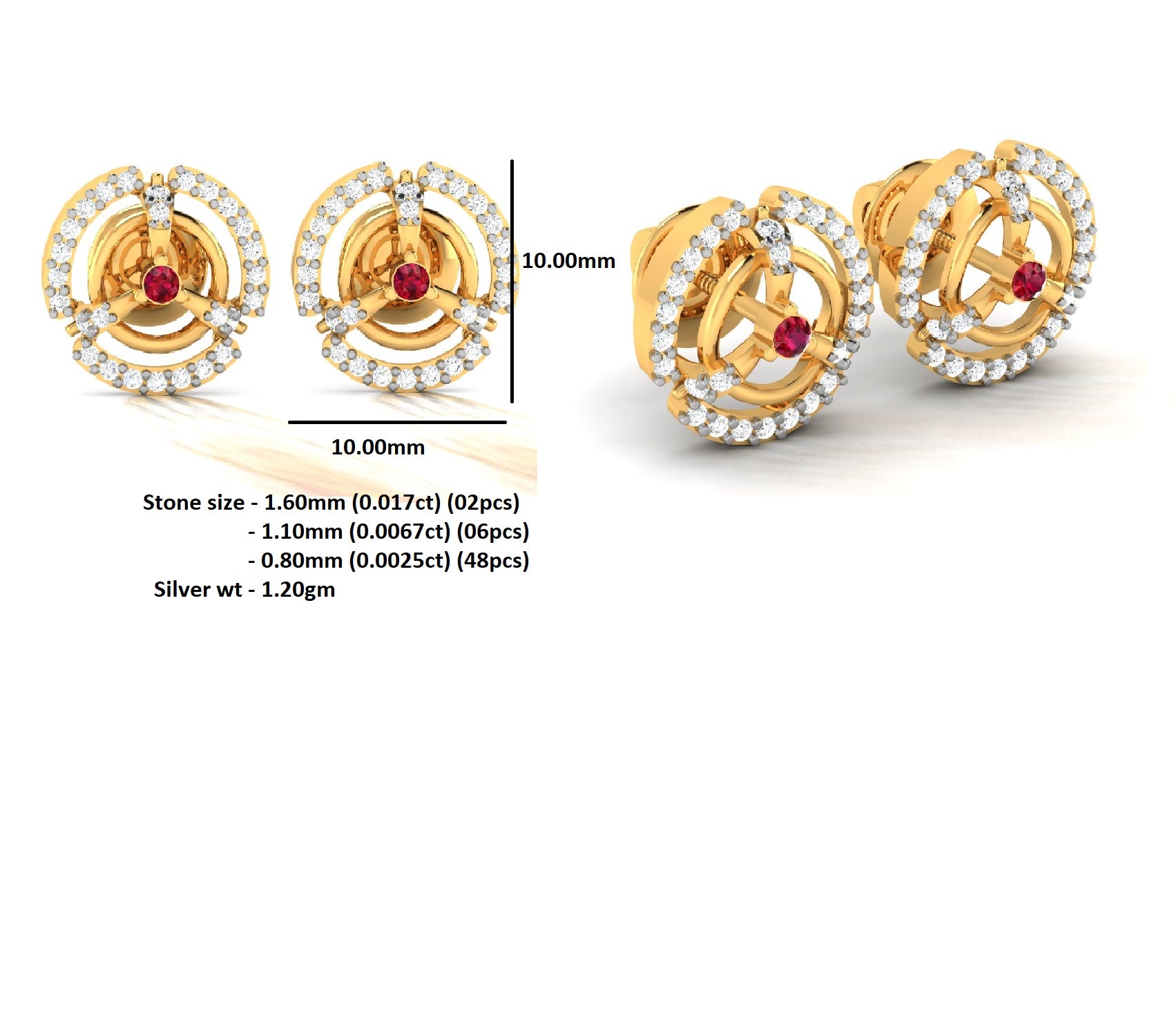 RKC 925 стерлингового срэбра Жаночыя завушніцы-гваздзікі 14k жоўты больш за 1,20 г вышыня 10,00 мм