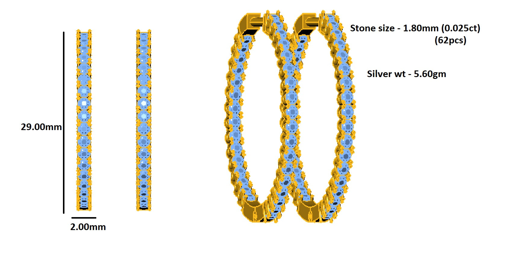 RKC 925 فضة استرليني هوب هوجيز كليب على حلق نسائي 14 قيراط أصفر فوق الوزن 5.60 جرام ارتفاع 29.00 ملم