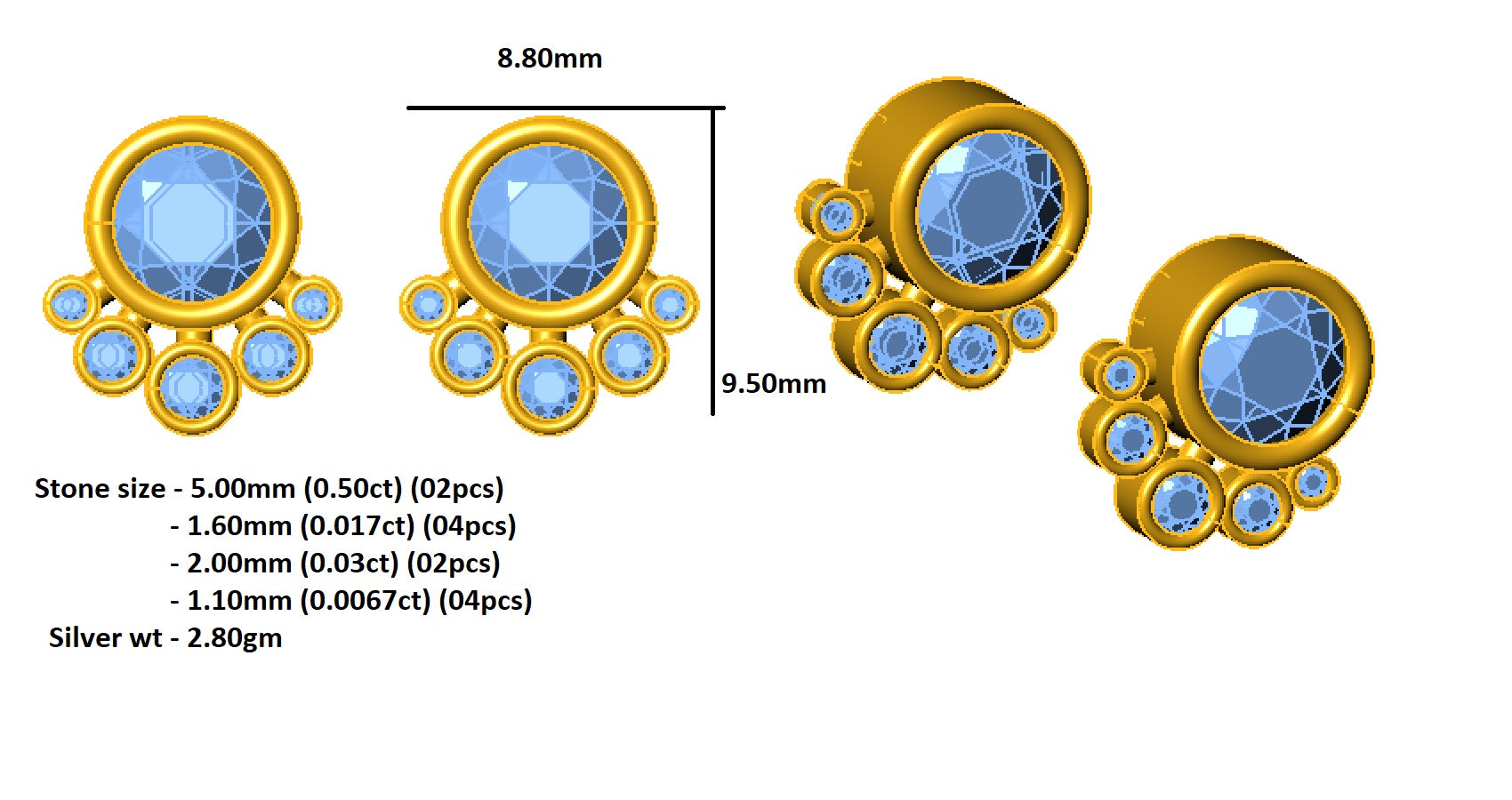 RKC Damen-Ohrstecker aus 925er-Sterlingsilber mit Schraubverschluss, 14 Karat Gelb, Gewicht 2,80 GM, Höhe 9,50 mm