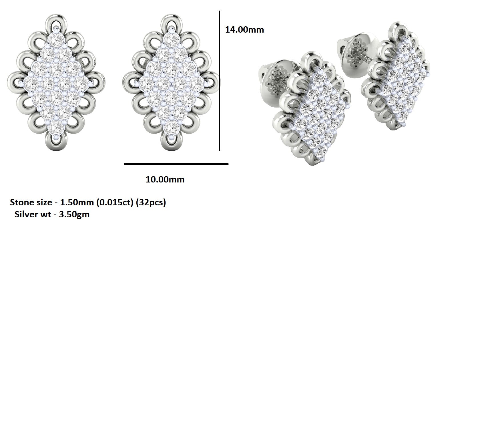 RKC Sterling Silver Women Wedding Stud Earring 14K Yellow Gold Finish 3.50 Gm Height 14.00 MM