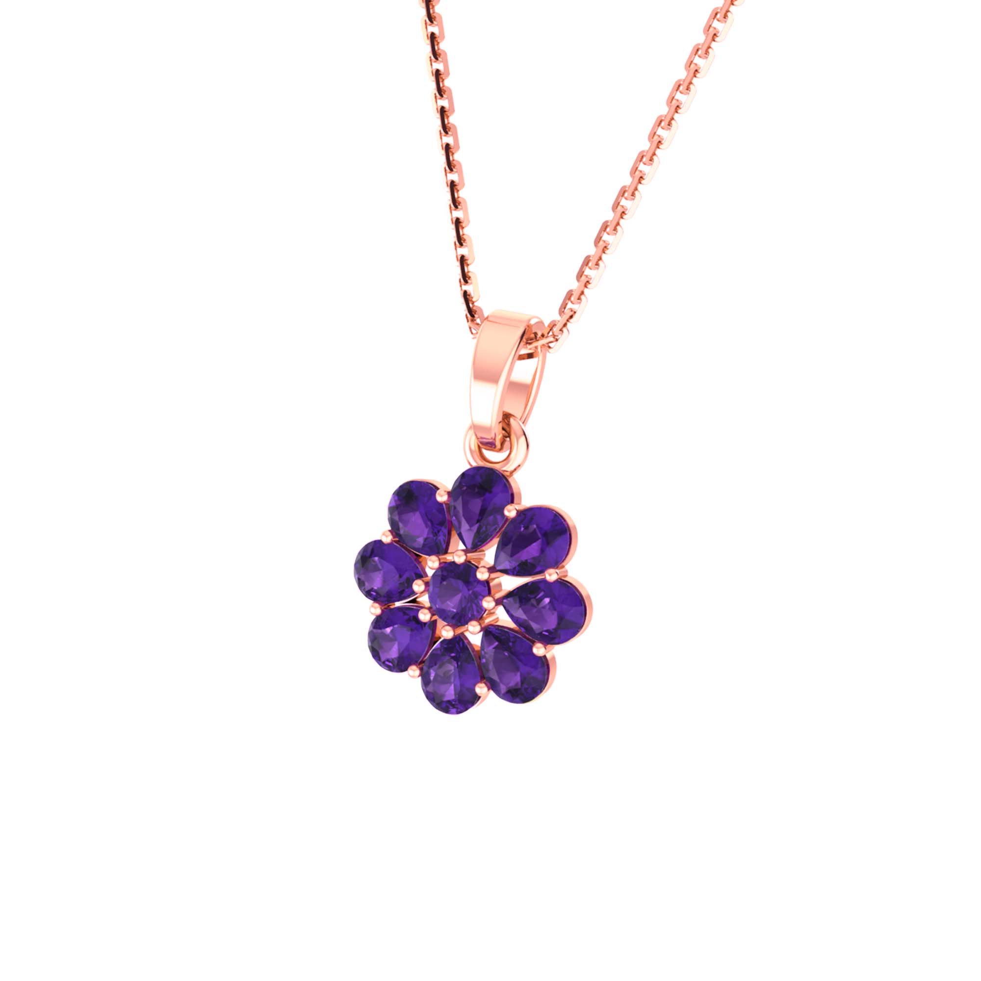 RKC Silver Pear & Round Cut Sapphire Flower Pendant With Link Chain Gold Plated