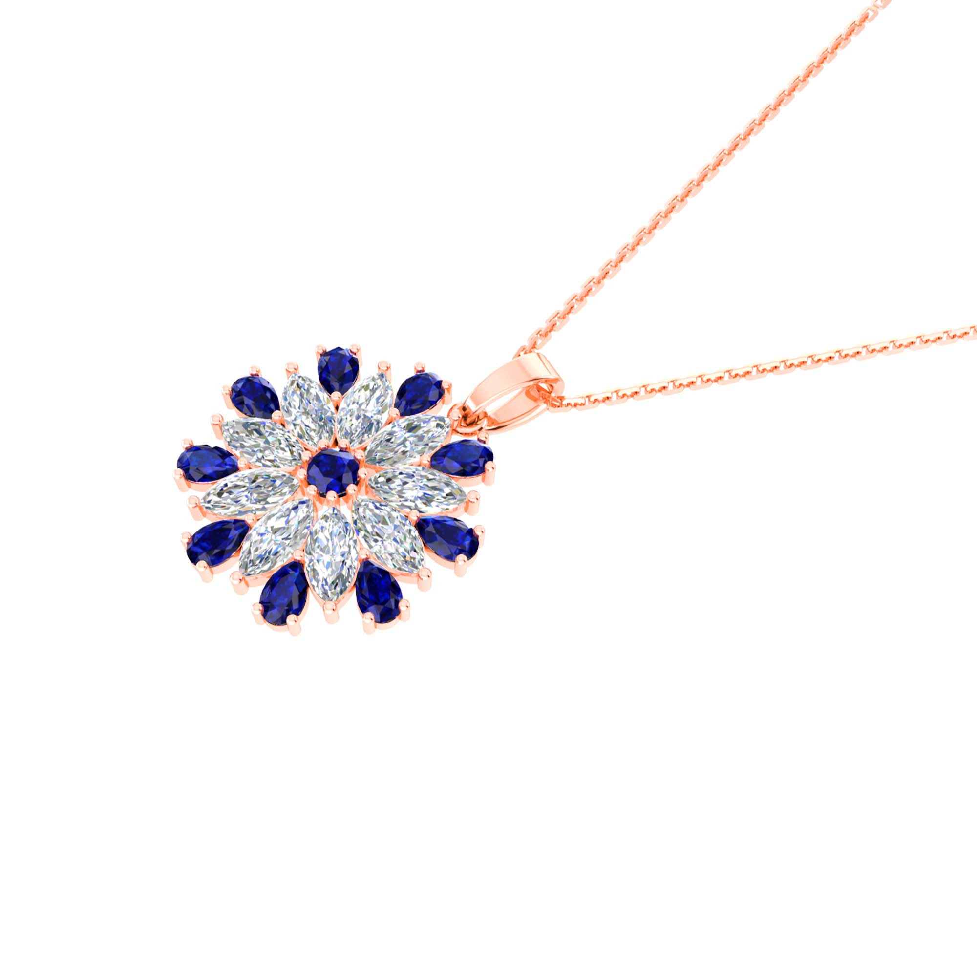 RKC Pear Cut Blue Sapphire And Diamond Flower Pendant With Chain