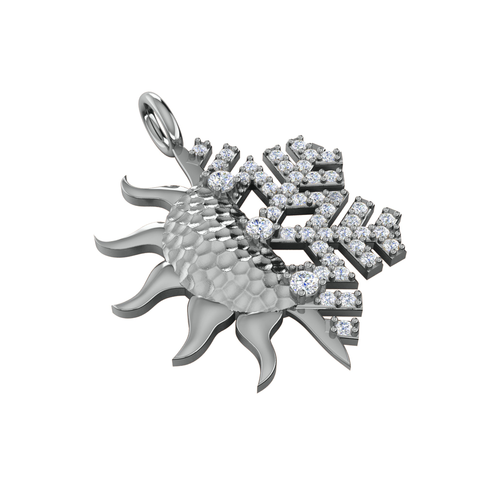 RKC 0.47Ct मॉइसॅनाइट सन आणि स्नोफ्लेक पेंडंट 925 चांदीचे दागिने 14K पिवळा सोन्याचा मुलामा Wt 4.50gm उंची 29mm