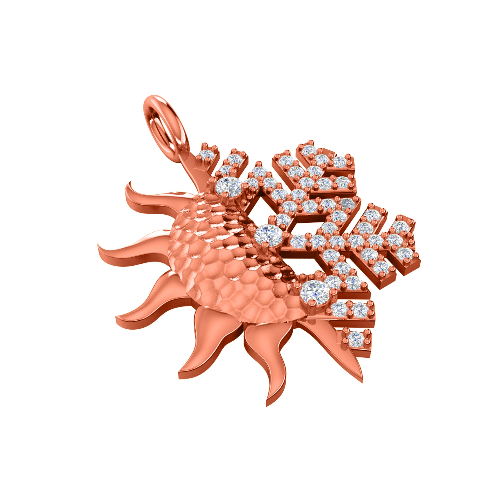 RKC 0.47Ct मॉइसॅनाइट सन आणि स्नोफ्लेक पेंडंट 925 चांदीचे दागिने 14K पिवळा सोन्याचा मुलामा Wt 4.50gm उंची 29mm