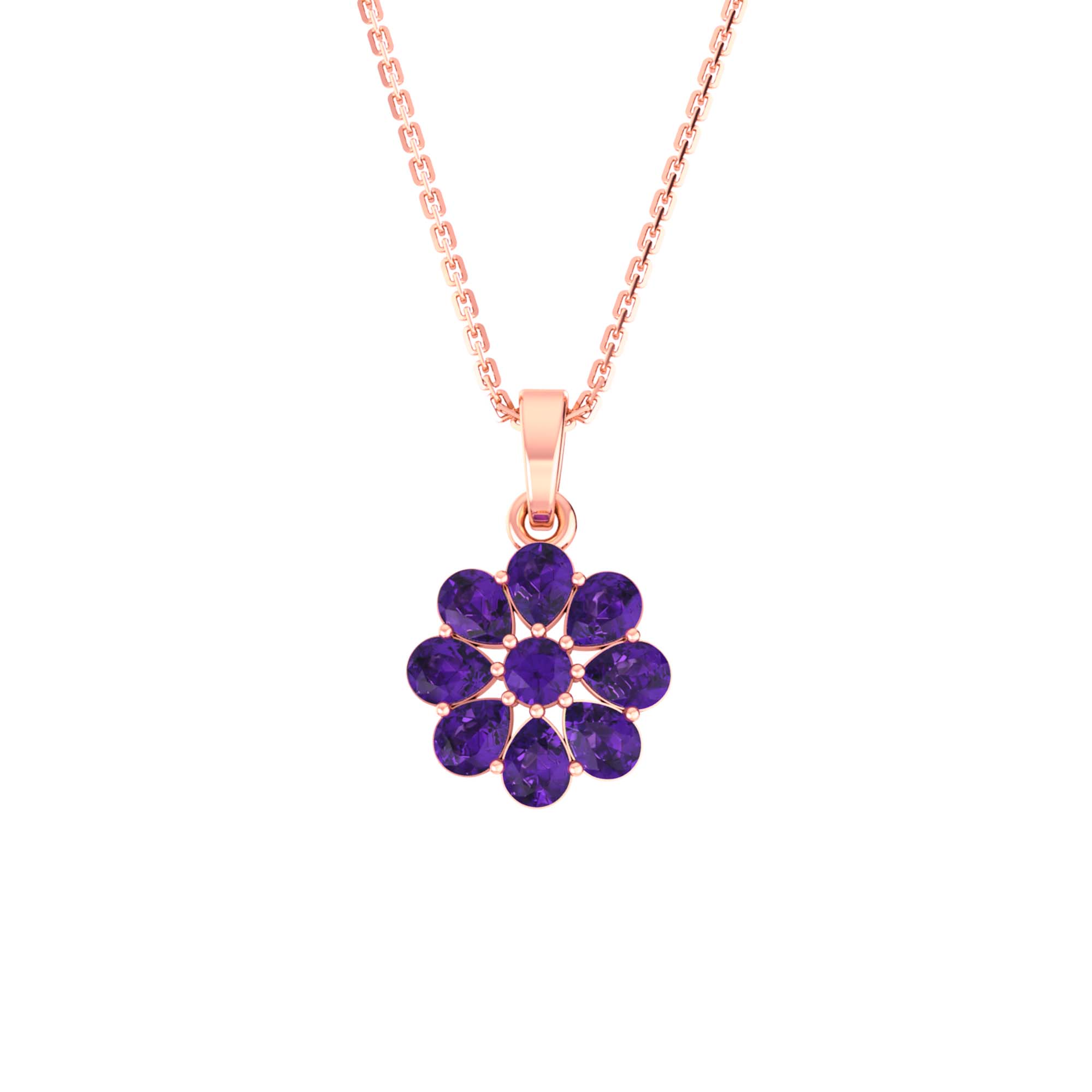 RKC Silver Pear & Round Cut Sapphire Flower Pendant With Link Chain Gold Plated
