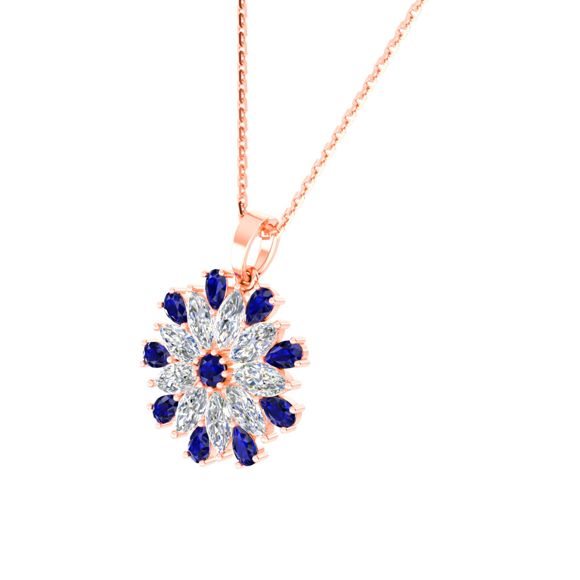 RKC Pear Cut Blue Sapphire And Diamond Flower Pendant With Chain