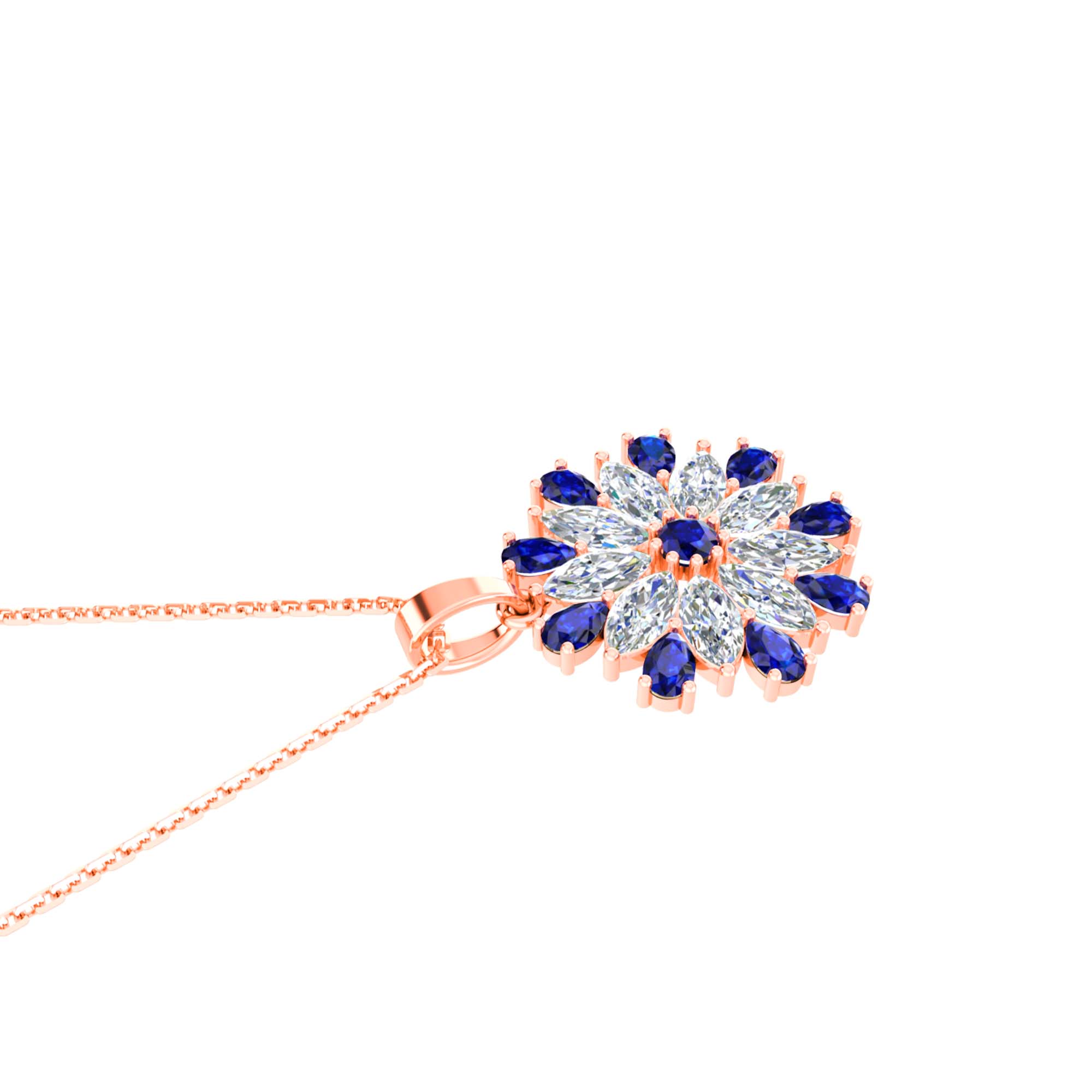 RKC Pear Cut Blue Sapphire And Diamond Flower Pendant With Chain