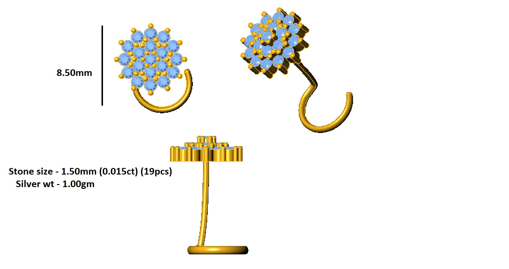 RKC JEWELRY Damen-Nasennadel aus 925er Sterlingsilber mit schönem Cluster-Nasenstift, 14 Karat Gelbgold vergoldet, Gewicht 1,00 g
