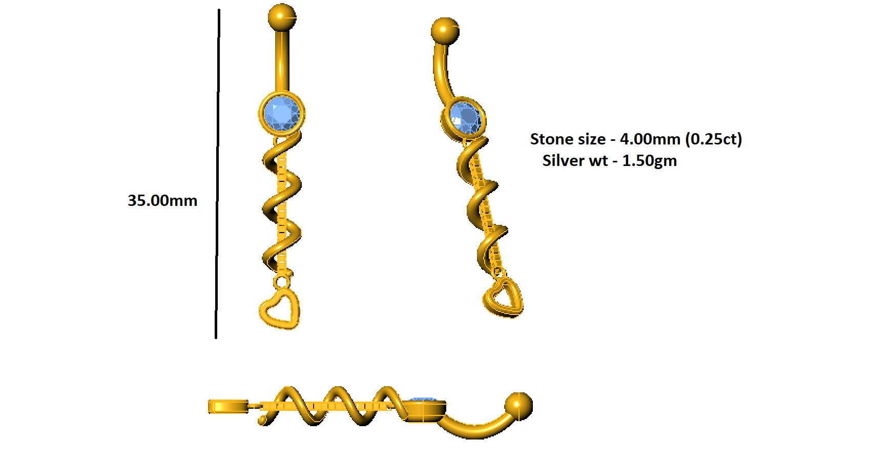 RKC JEWELRY 925 Sterling Silver Women Belly Button 14k Yellow Gold Plated Wt 1.50gm Height 35.00mm