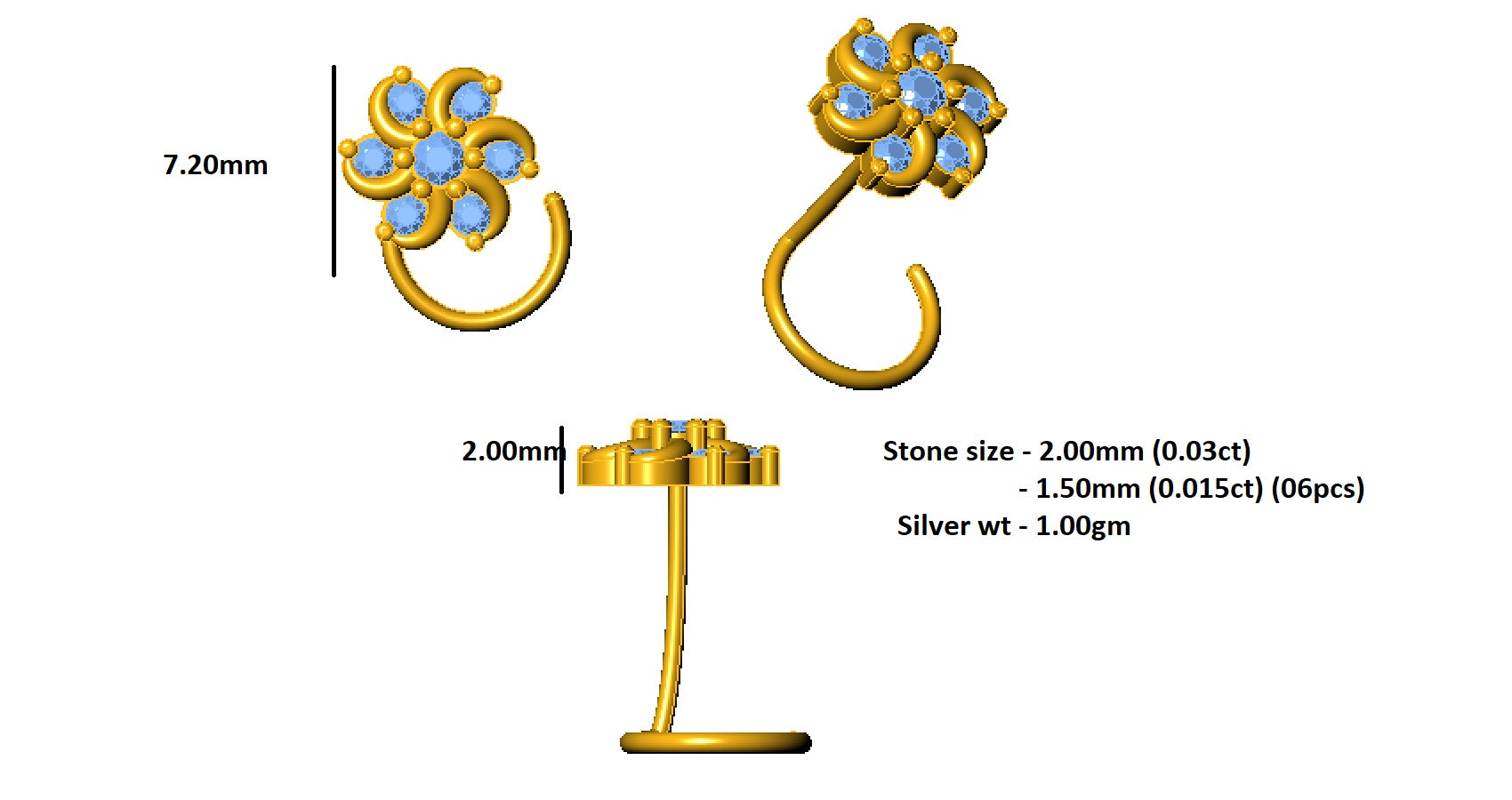 RKC ювелірныя вырабы стерлингового срэбра 925 пробы кветкавы муасаніт жаночая шпілька для носа 14 карат жоўтага золата з пакрыццём вага 1,00 г