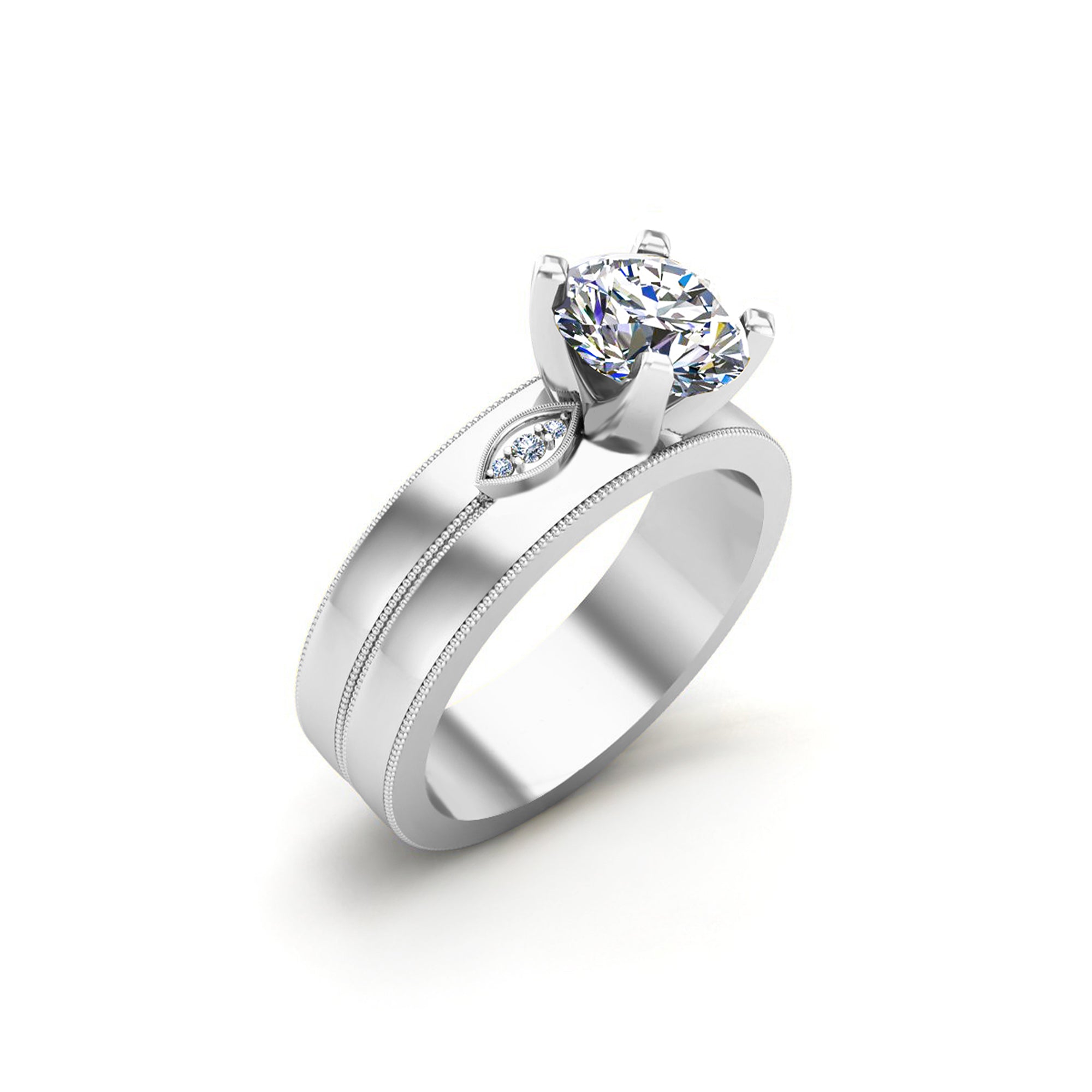 RKC Round Moissanite Solitaire With Accents Women Silver Ring 14K Yellow Gold Plated Wt 6.60 gm Width 5.60 MM