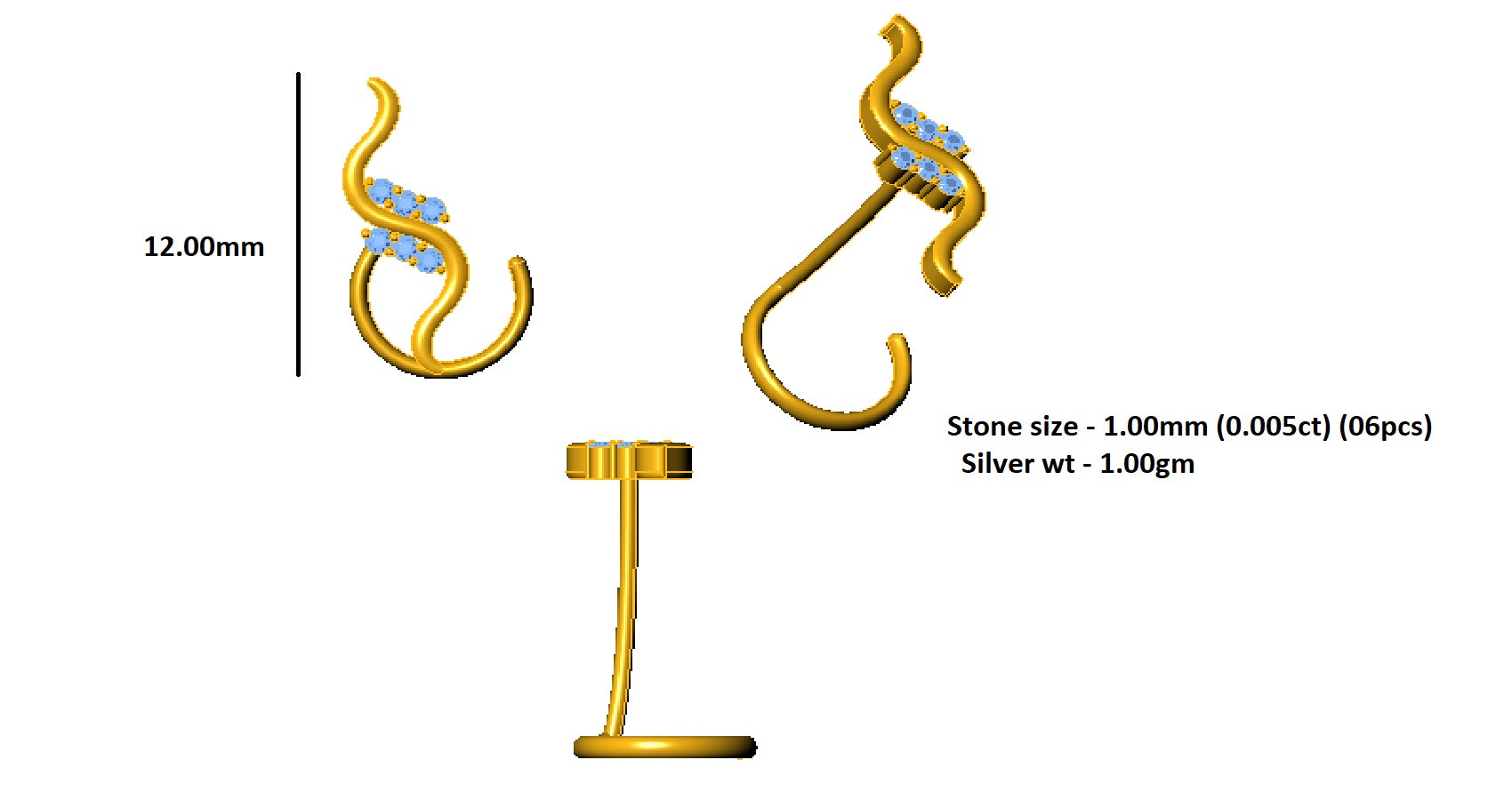 RKC JEWELRY 925 Sterling Silber Zarte Nasennadel für Damen, 14 Karat Gelbgold vergoldet, Gewicht 1,00 g