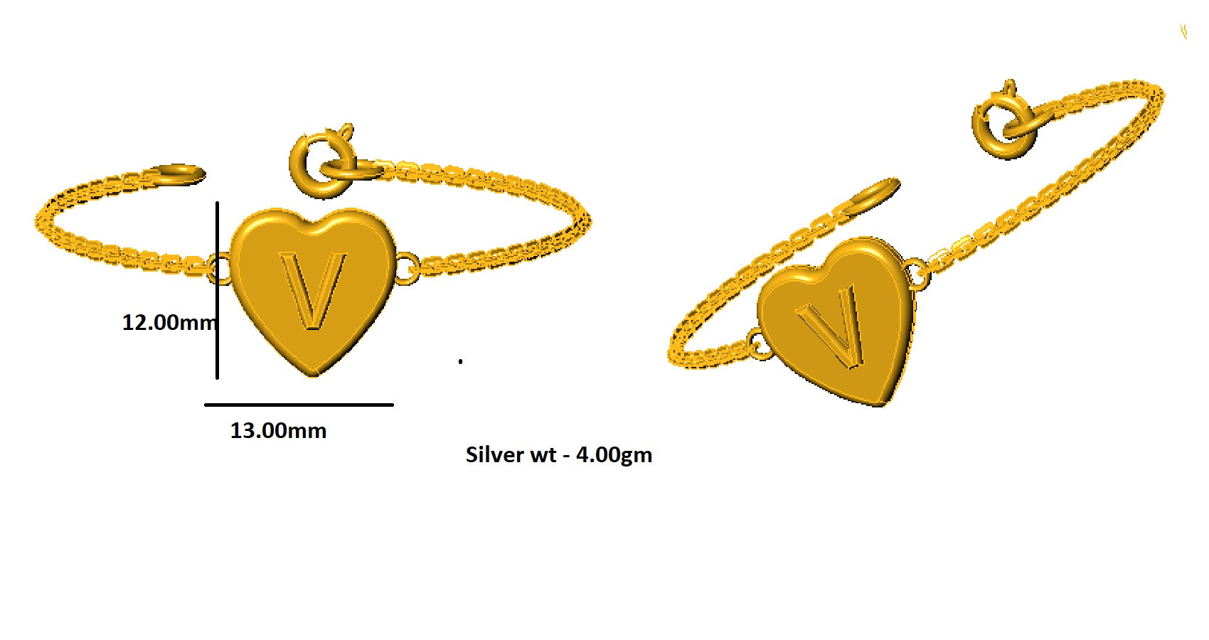 RKC 925 स्टर्लिंग सिल्व्हर इनिशियल हार्ट "V" लेटर चेन 14K पिवळा गोल्ड प्लेटेड उत्पादन वजन 4.00 GM