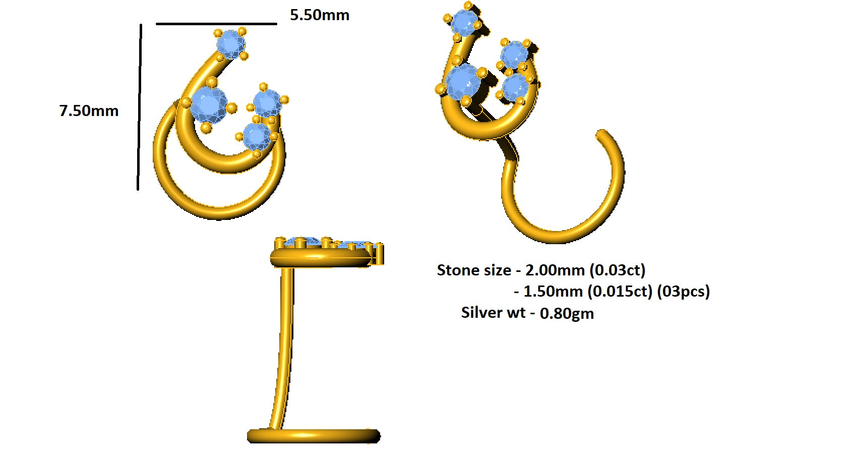 RKC JEWELRY 925 Sterling Silver Moissanite Women Nose Pin 14k Rose Gold Plated Wt 0.80gm