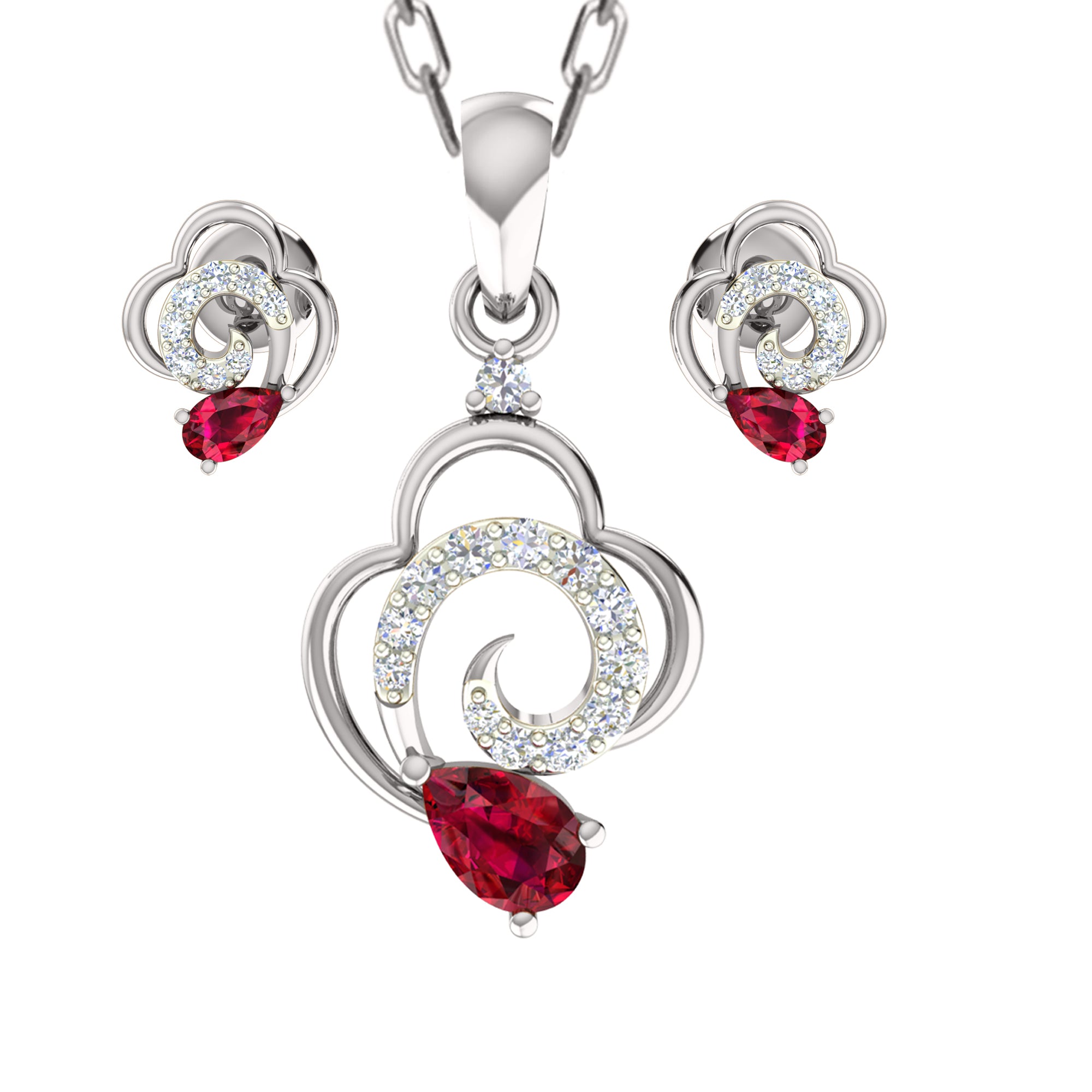 Срэбра RKC 925, залаты, 0,36 карата, кулон з рубінам, вагой 3,60 г і завушніцамі вагой 2,20 г, камплект з пакрыццём з ружовага золата 14 карат