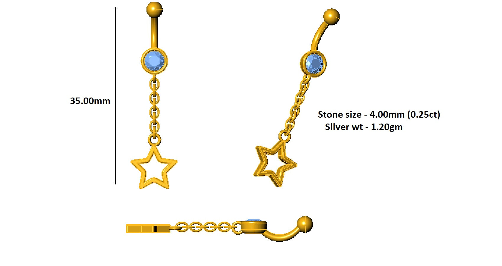 مجوهرات RKC 925 من الفضة الإسترليني دروب ستار للنساء زر البطن 14 قيراط مطلي بالذهب الأصفر وزن 1.20 جرام ارتفاع 35 ملم