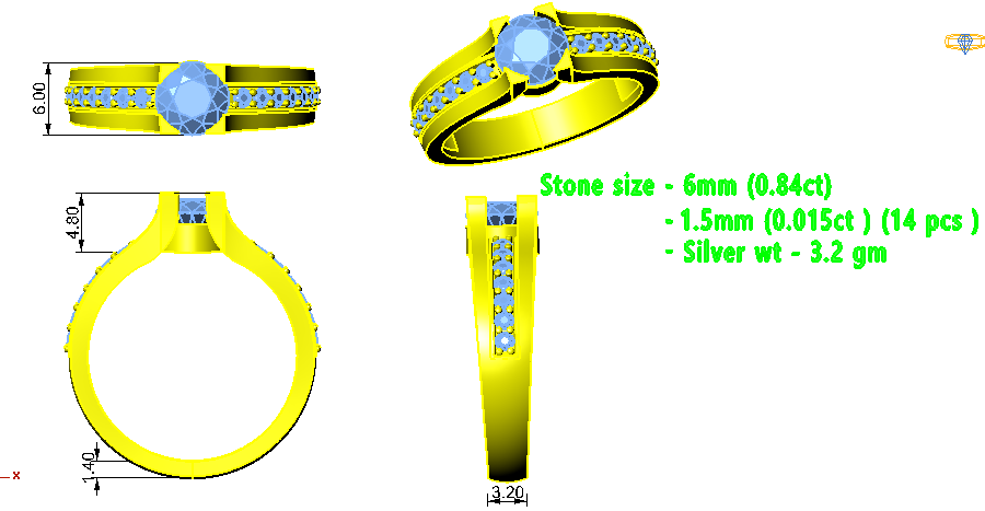 RKC Moissanite Solitaire With Accents Micro Set Purpose Ring 925 Silver 14K Yellow Gold Plated Wt 3.2 gm Width 3.20 MM