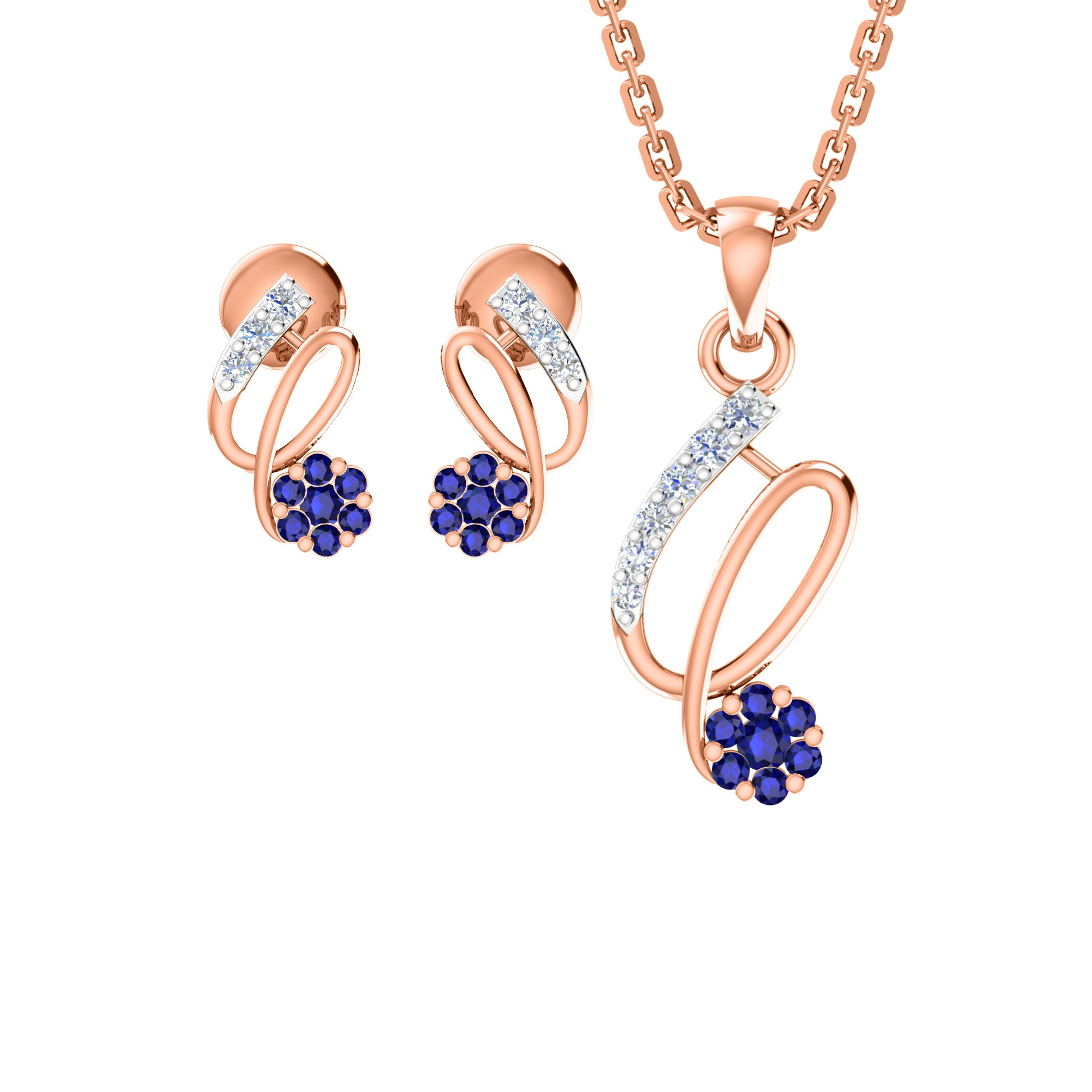 RKC 925 सिल्व्हर गोल्डन टोटल 0.42Ct मॉइसॅनाइट पेंडंट Wt 3.10gm आणि Wt कानातले 1.80gm सेट 14K रोझ गोल्ड प्लेटेड