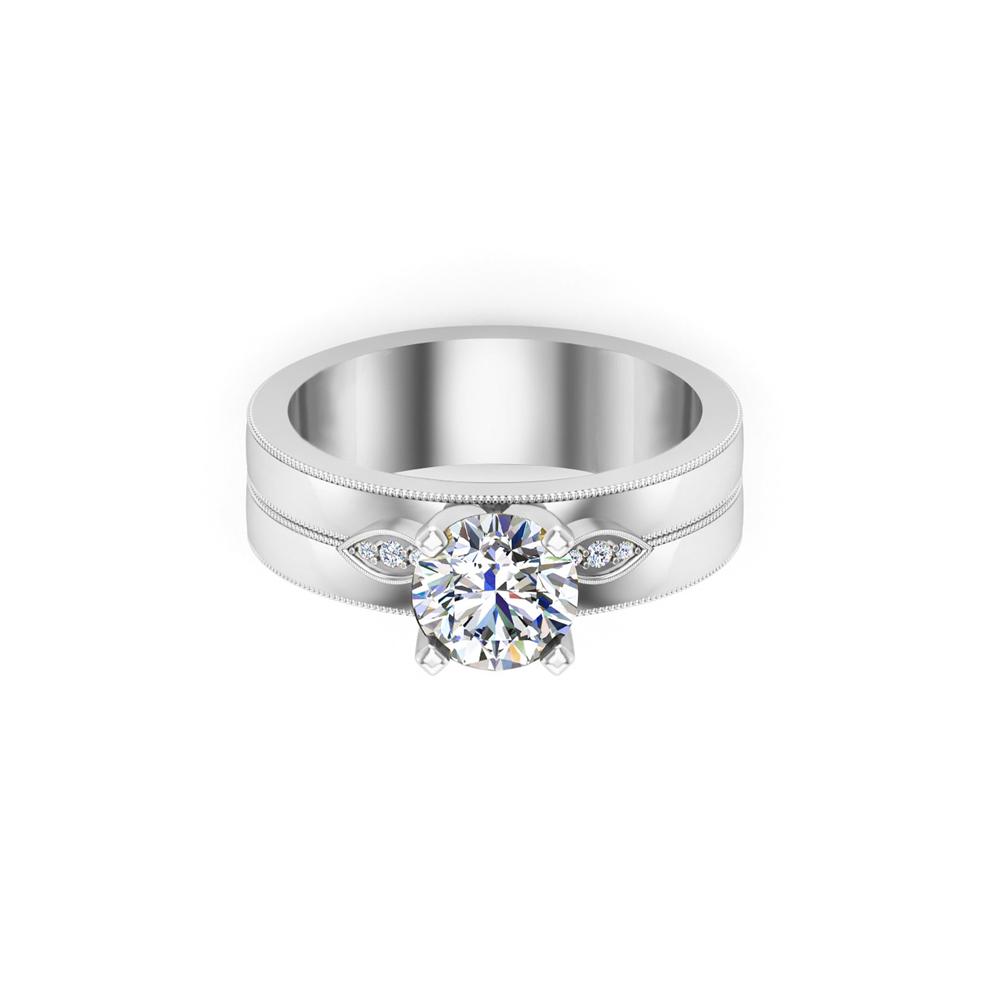 RKC Round Moissanite Solitaire With Accents Women Silver Ring 14K Yellow Gold Plated Wt 6.60 gm Width 5.60 MM