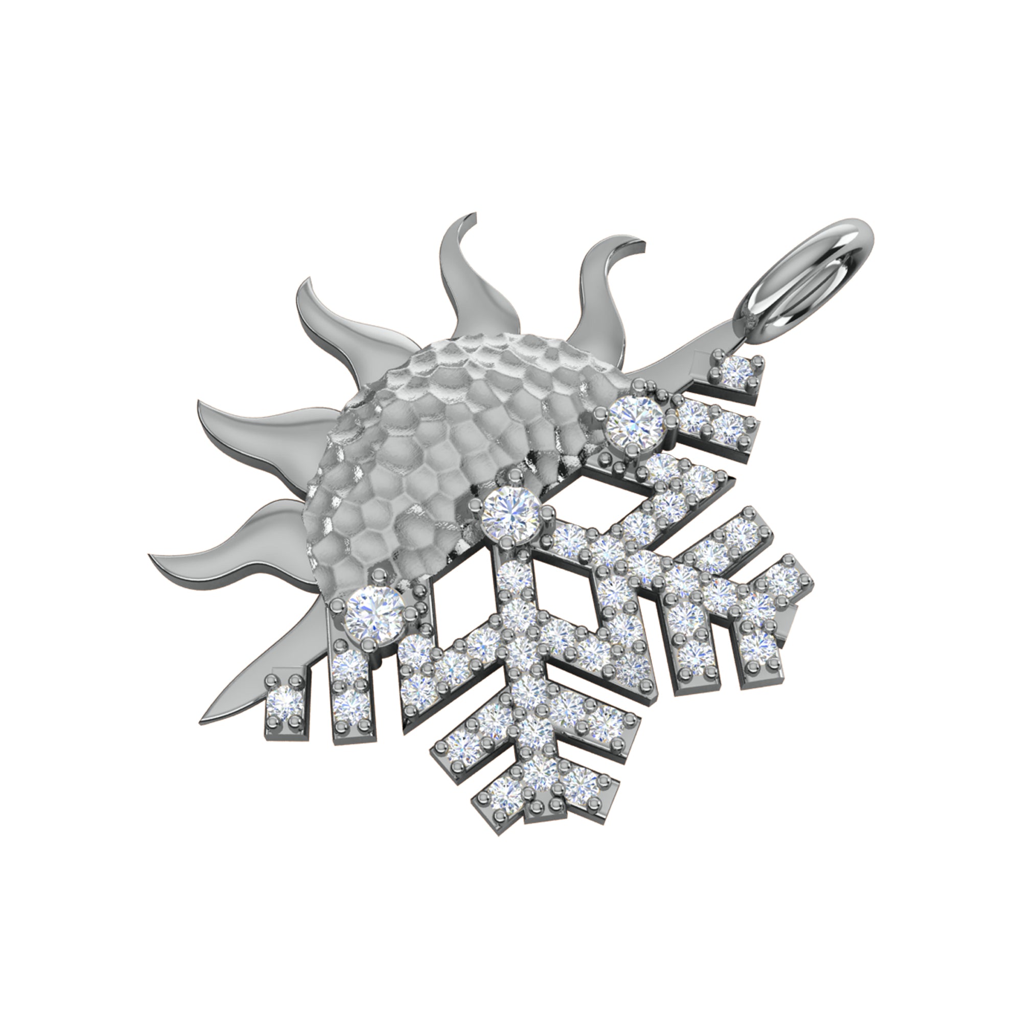 RKC 0.47Ct मॉइसॅनाइट सन आणि स्नोफ्लेक पेंडंट 925 चांदीचे दागिने 14K पिवळा सोन्याचा मुलामा Wt 4.50gm उंची 29mm