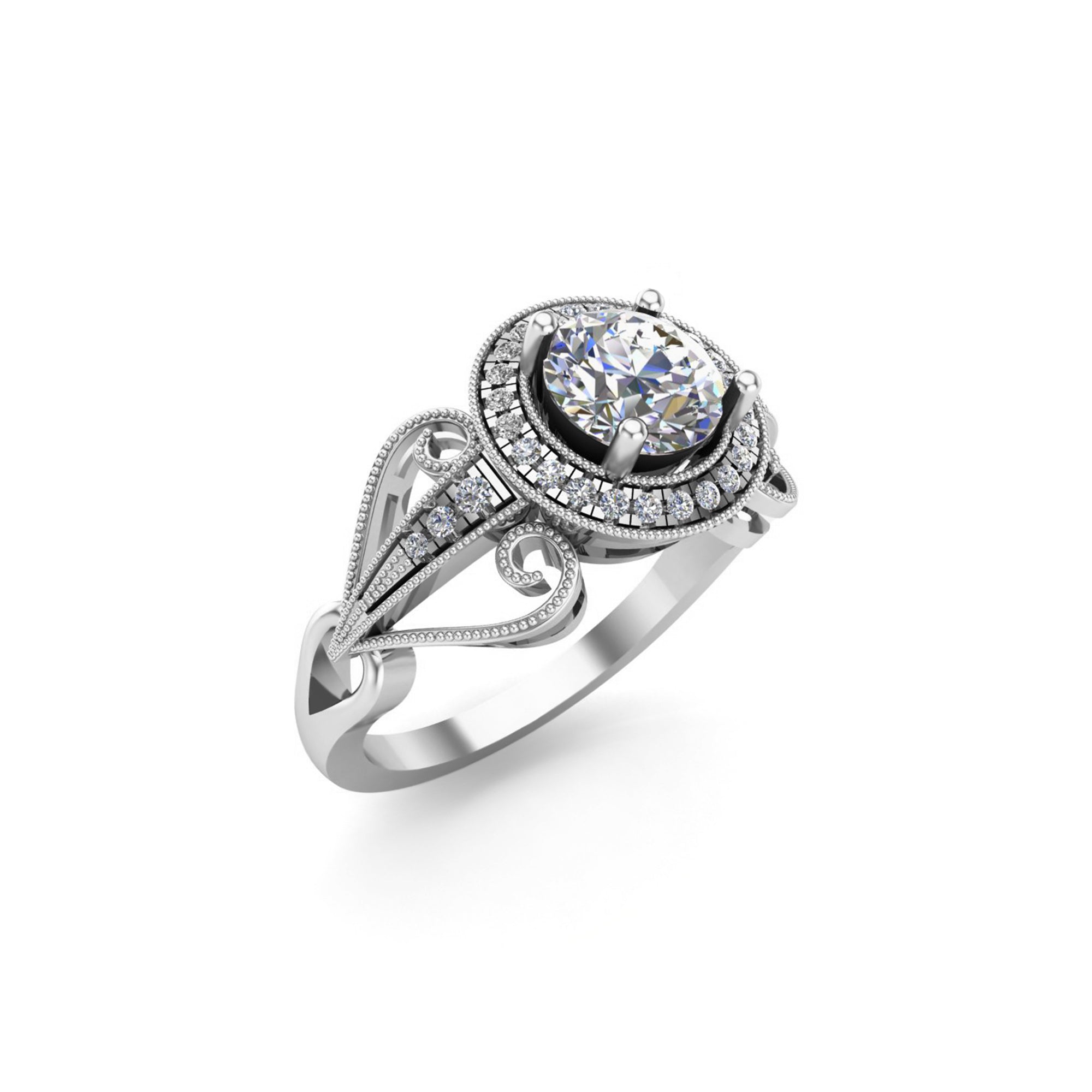 RKC Round Cut Moissanite Art Deco Engagement Ring 925 Silver 14K Rose Gold Plated Wt 2.70 gm Width 1.70 MM