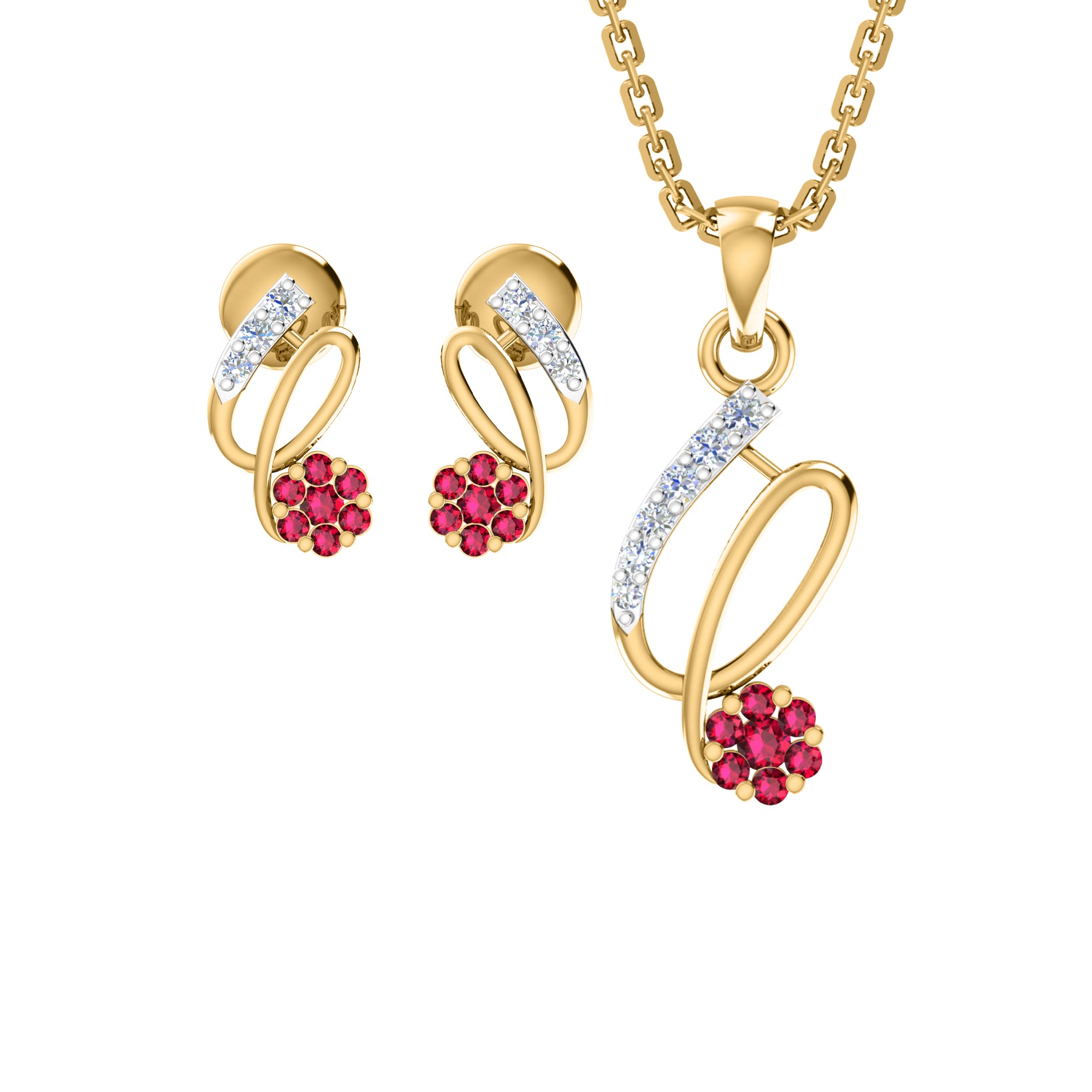 RKC 925 सिल्व्हर गोल्डन टोटल 0.42Ct मॉइसॅनाइट पेंडंट Wt 3.10gm आणि Wt कानातले 1.80gm सेट 14K रोझ गोल्ड प्लेटेड