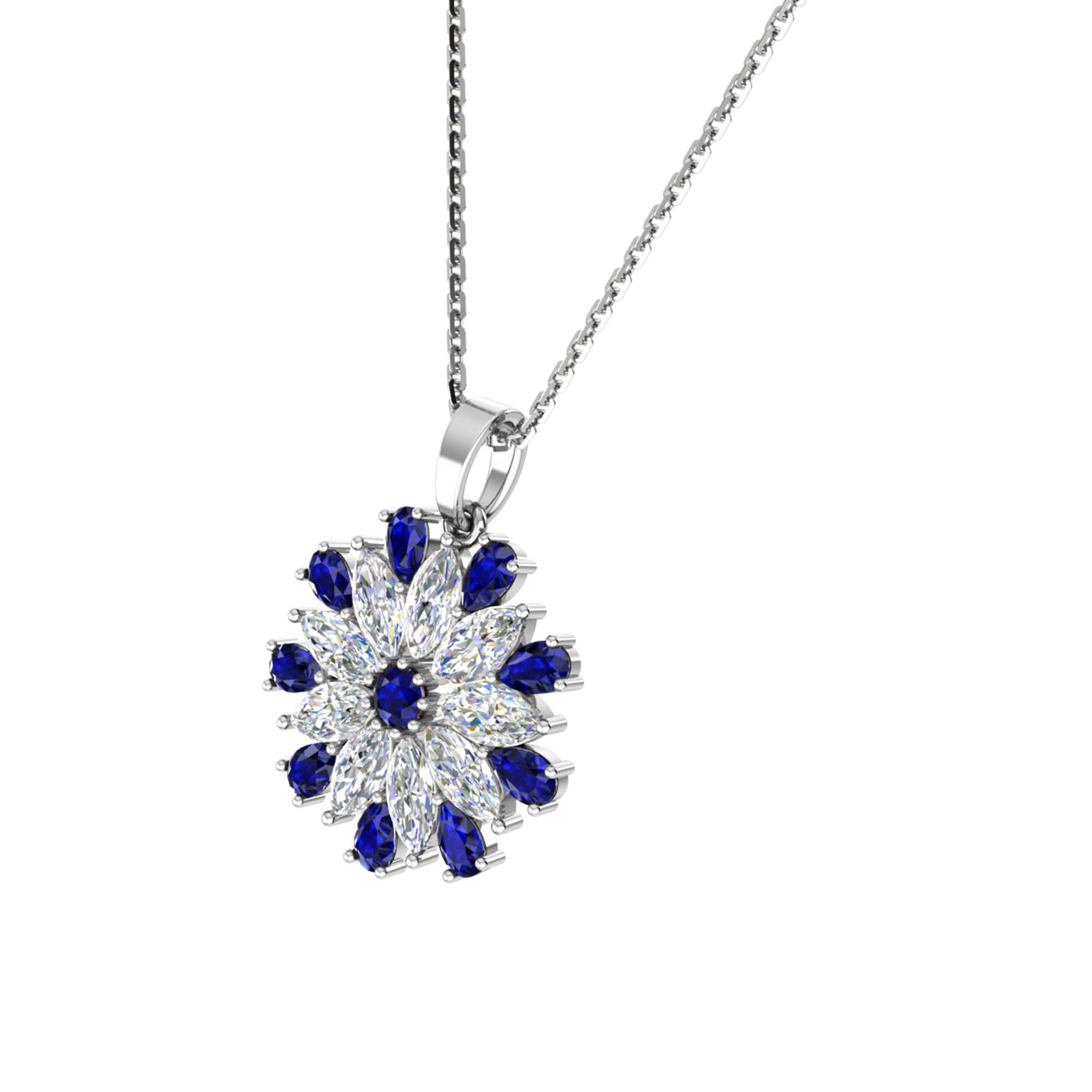 RKC Pear Cut Blue Sapphire And Diamond Flower Pendant With Chain