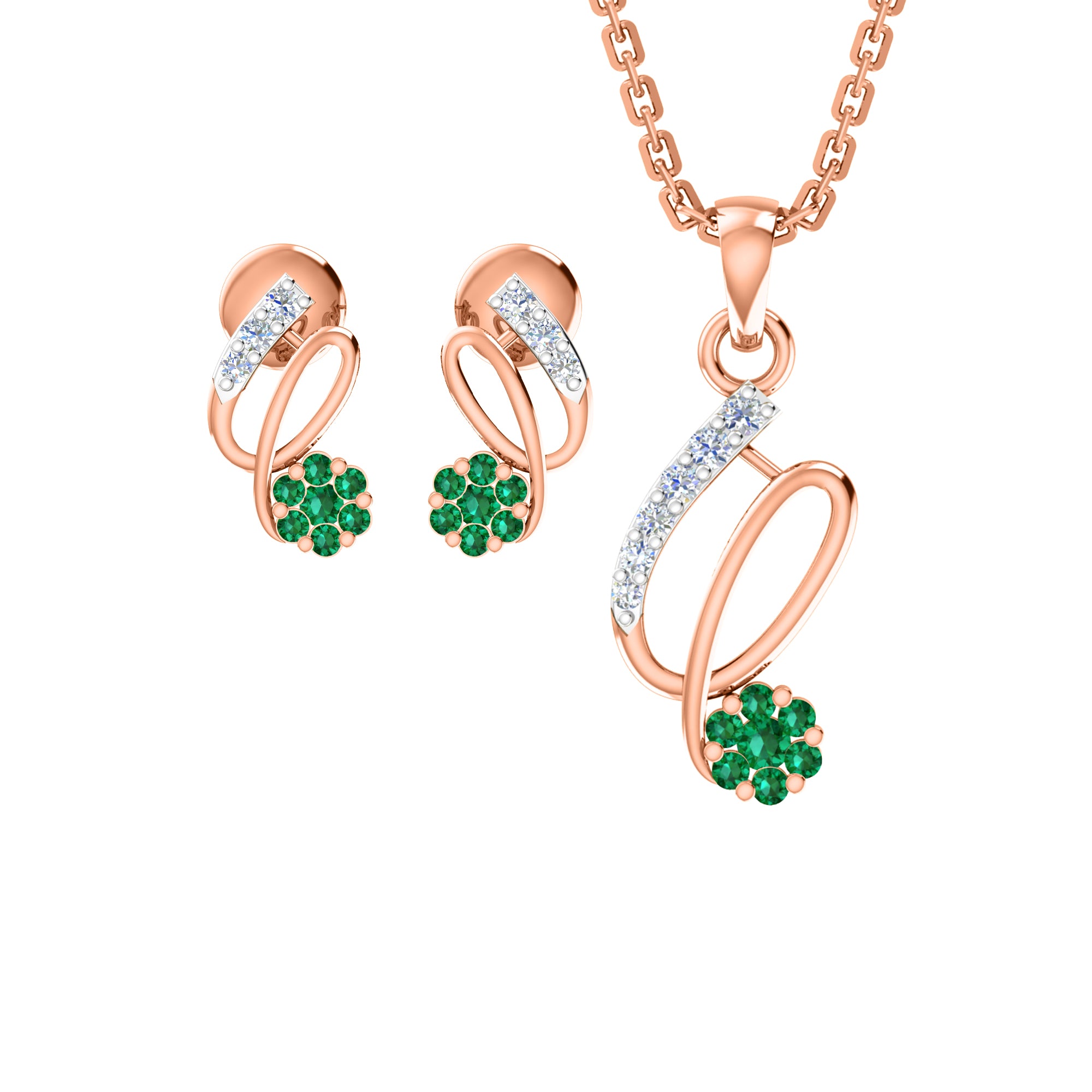 RKC 925 सिल्व्हर गोल्डन टोटल 0.42Ct मॉइसॅनाइट पेंडंट Wt 3.10gm आणि Wt कानातले 1.80gm सेट 14K रोझ गोल्ड प्लेटेड