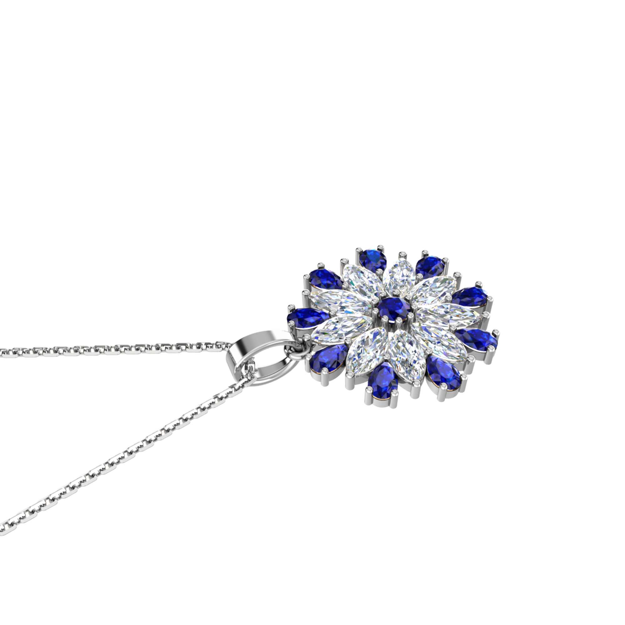 RKC Pear Cut Blue Sapphire And Diamond Flower Pendant With Chain