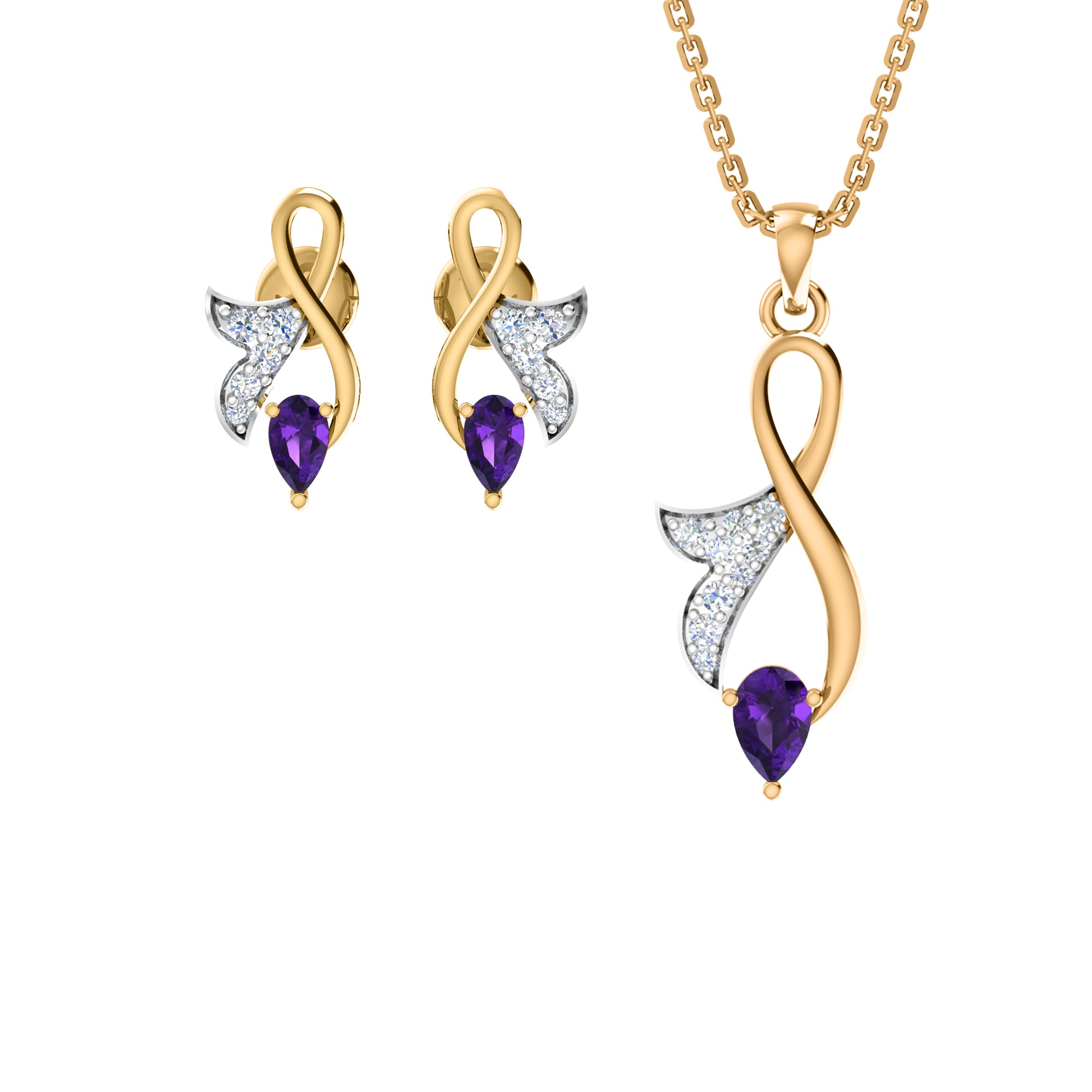 RKC 925 Silwer Goue Totaal 0.30Ct Moissanite Hanger Wt 3.60gm En Wt Oorring 2.00gm Stel Met 14K Geelgoud Geplateerd