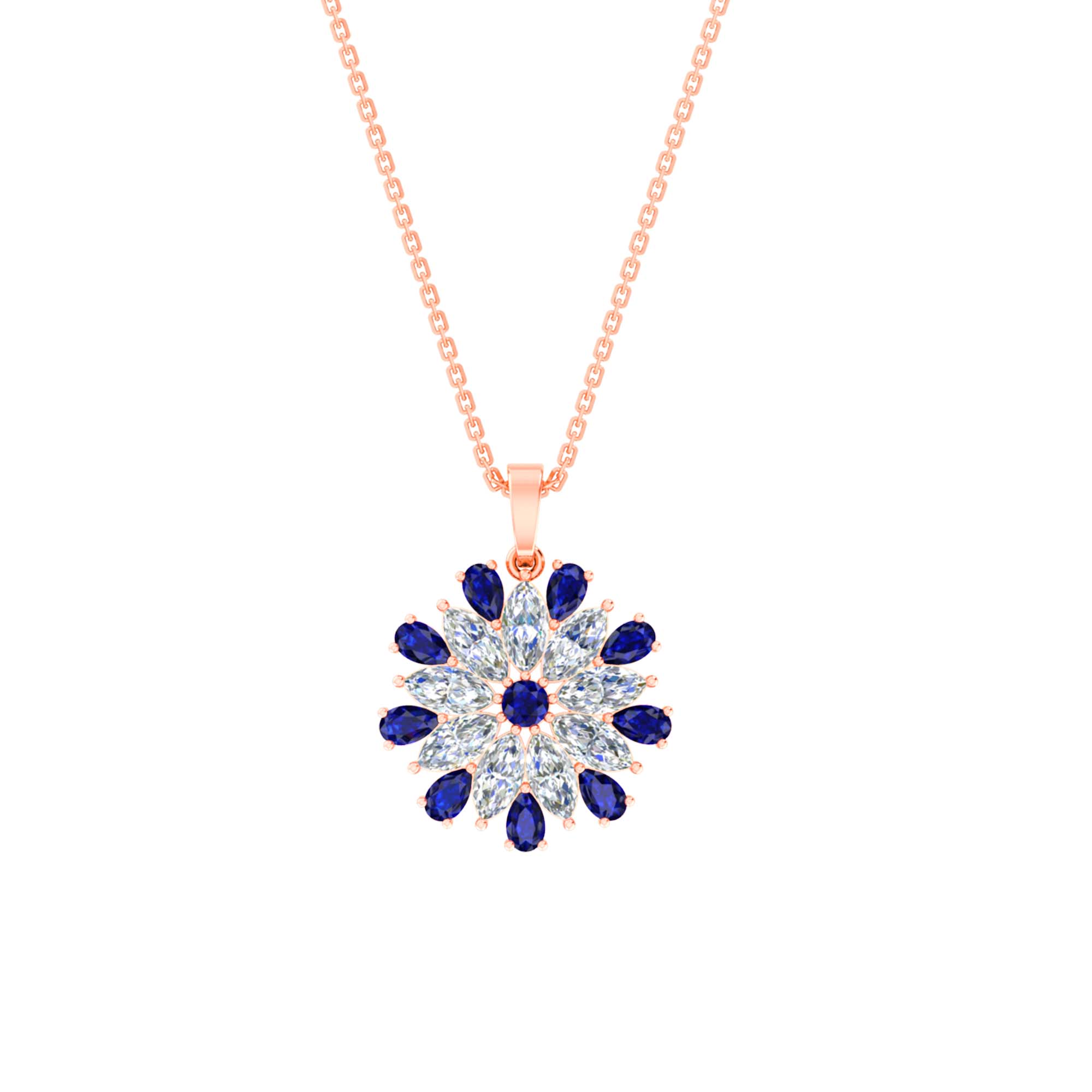 RKC Pear Cut Blue Sapphire And Diamond Flower Pendant With Chain