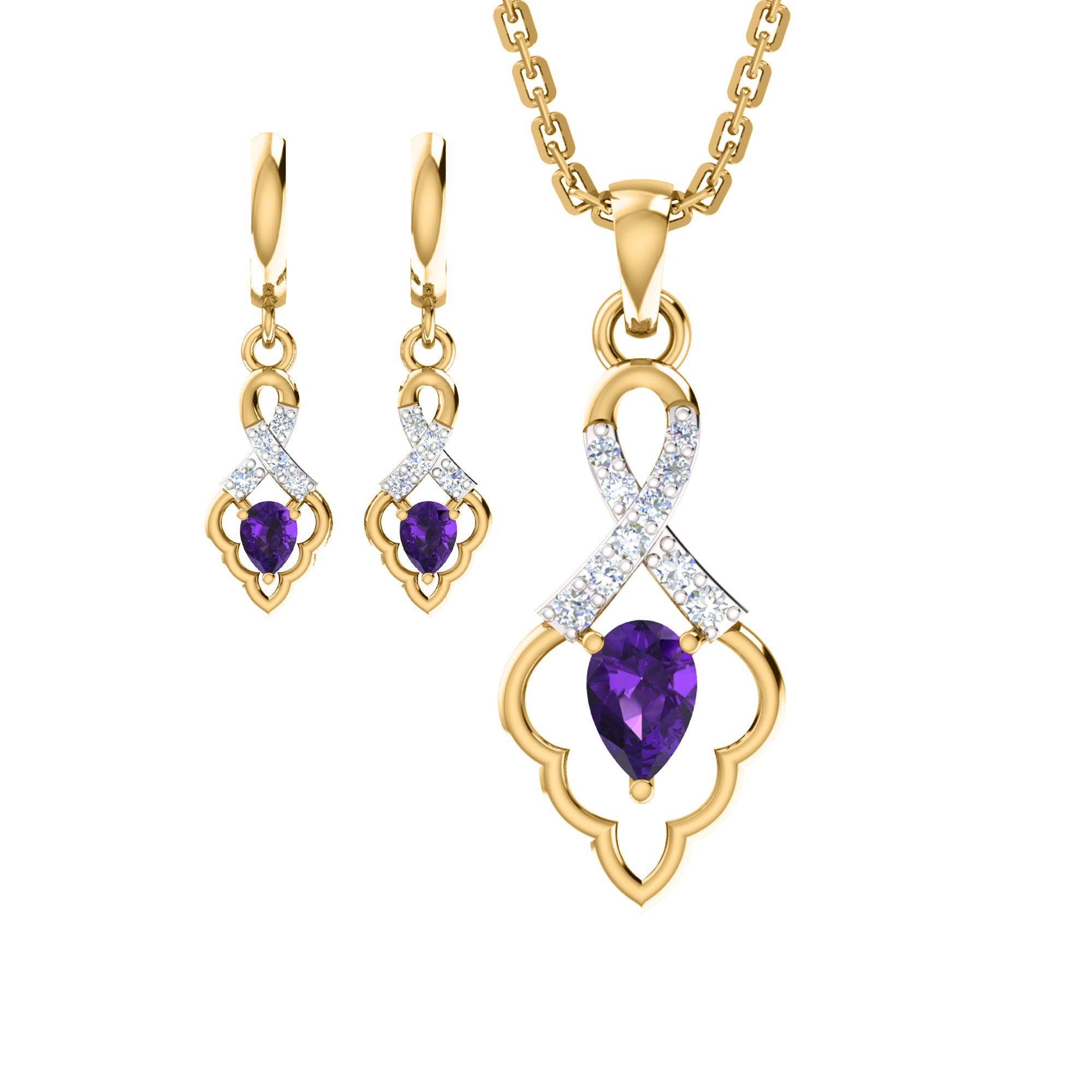 RKC 925 فضي ذهبي إجمالي 1.09 قيراط قلادة مويسانيتي بوزن 3.60 جرام ومجموعة حلق بوزن 2.30 جرام مطلية بالذهب الأصفر عيار 14 قيراط