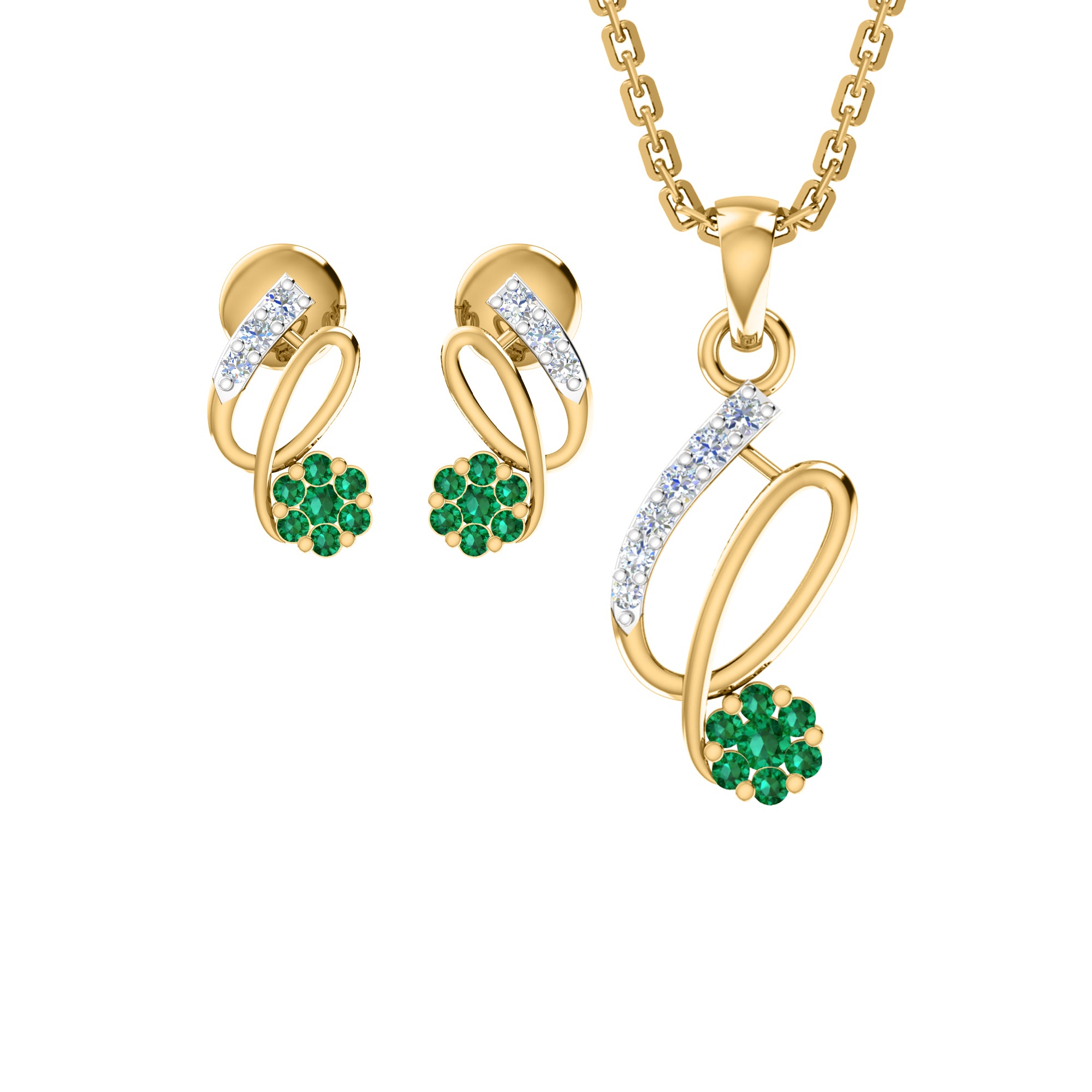 RKC 925 सिल्व्हर गोल्डन टोटल 0.42Ct मॉइसॅनाइट पेंडंट Wt 3.10gm आणि Wt कानातले 1.80gm सेट 14K रोझ गोल्ड प्लेटेड