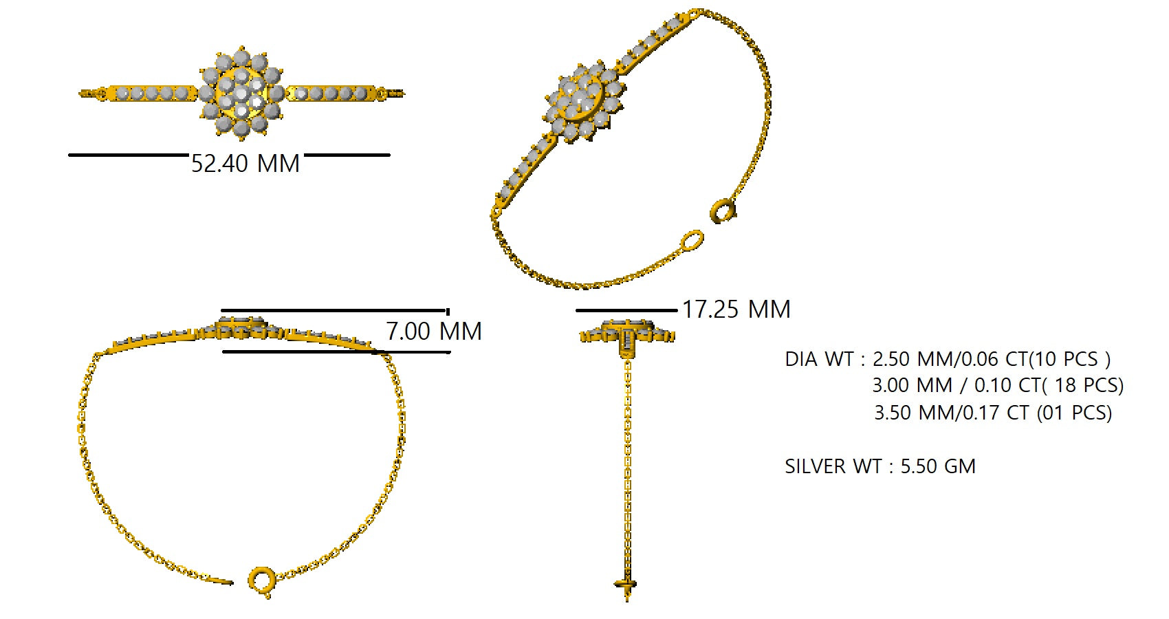 Pietra preziosa RKC in argento sterling 925 da 2,57 CT per bracciale da donna Placcato in oro rosa 14 carati Peso 5,50 GM