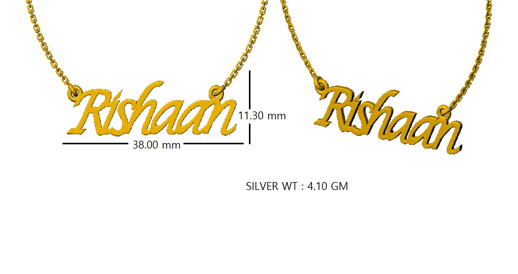 RKC Name Pendant Necklace 925 Silver Jewelry 14K Yellow Gold Plated Product Weight 4.10  GM Height 11.30 MM