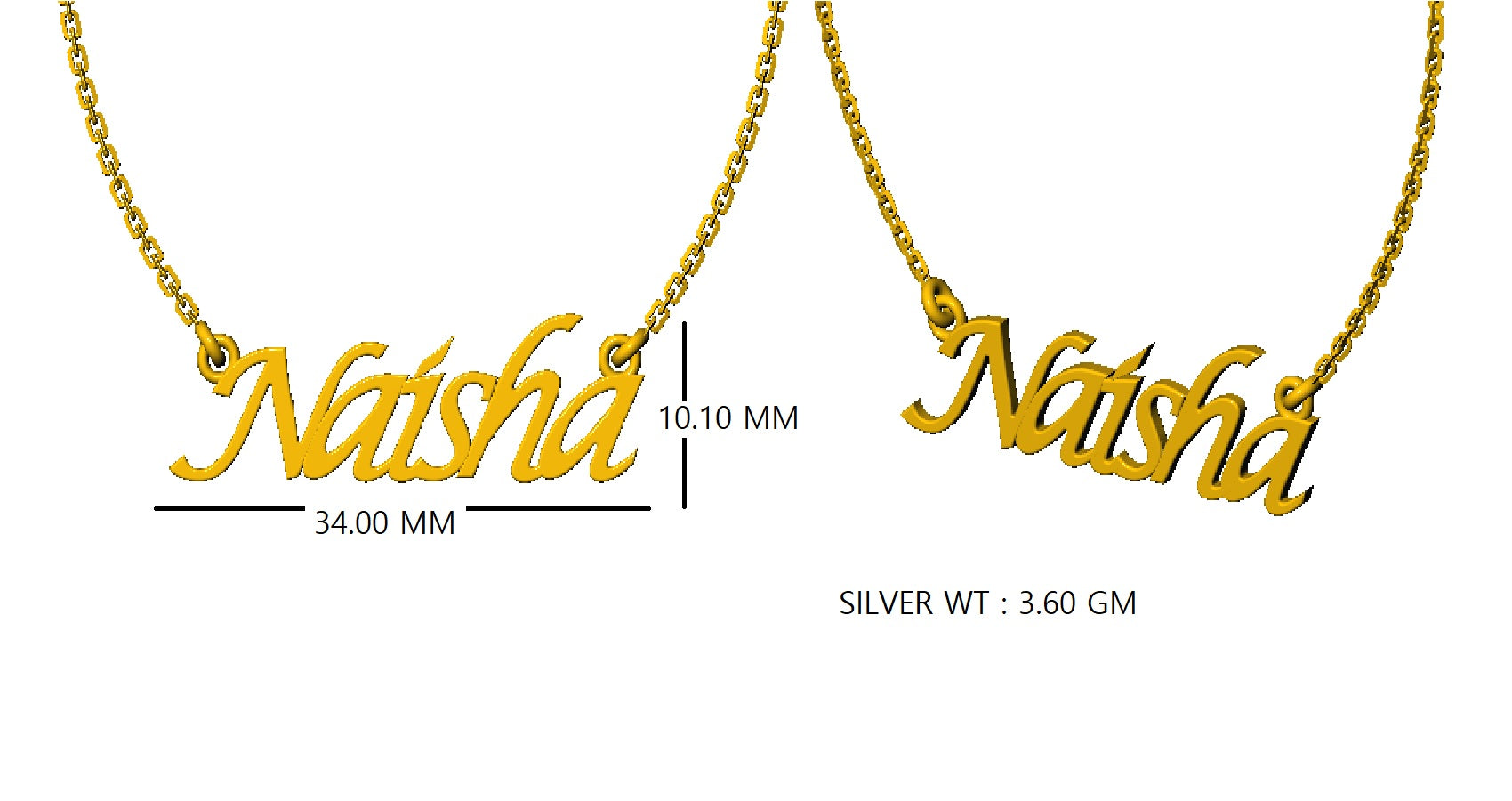 RKC Unisex Custom Name Pendant 925 Silver 14K Yellow Gold Plated Wt 3.60 GM Height 10.10 MM