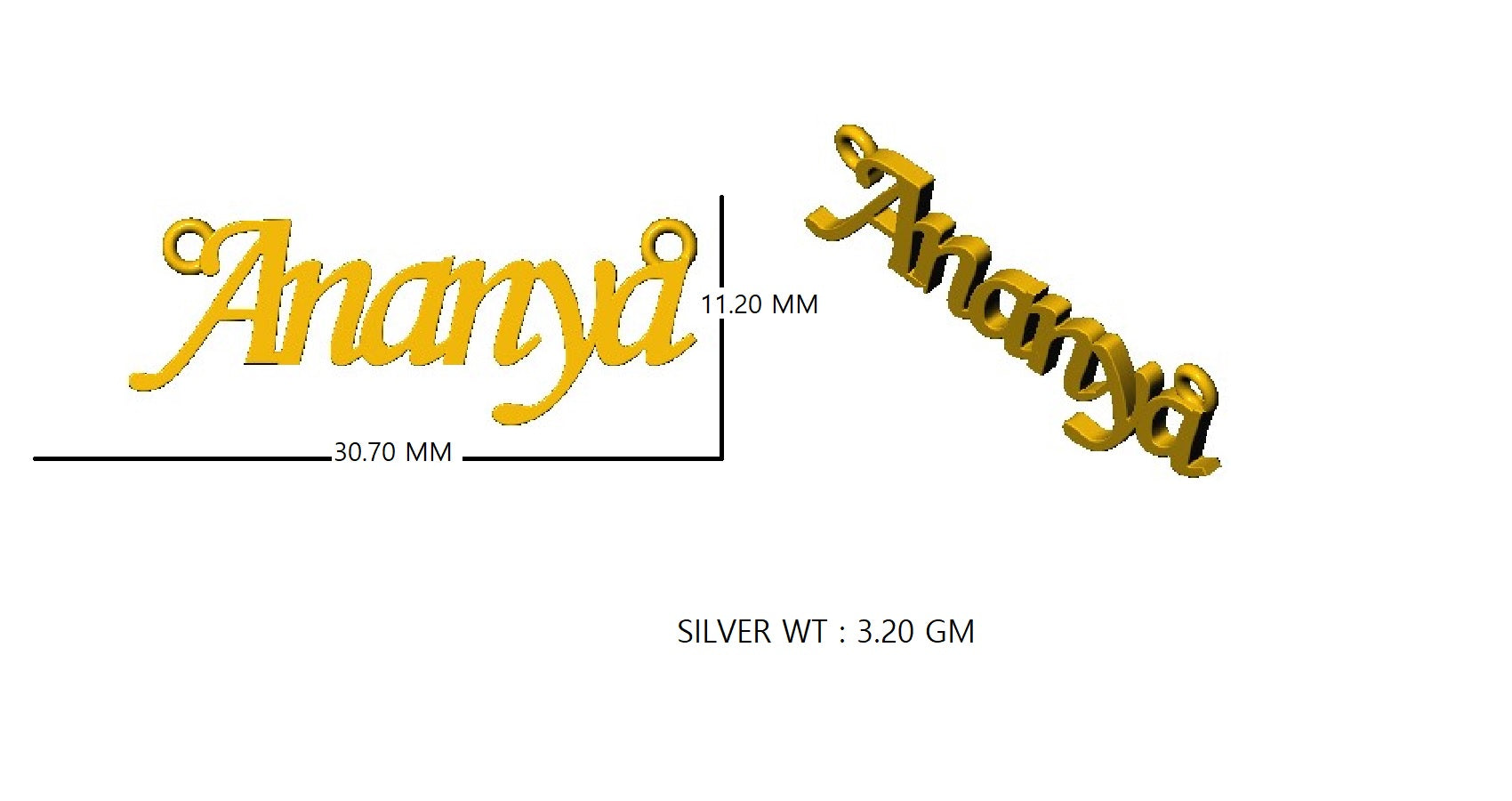 RKC Custom Name Pendant 925 Sterling Silver 14K Yellow Gold Plated Wt 3.20GM Height 11.20 MM