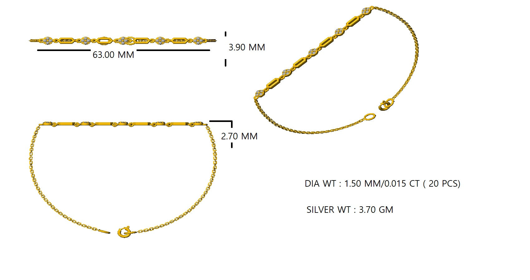 RKC 925 Sterling Silver 0.3 CT Gemstone for Women's Bracelet 14K Rose Gold Plated Weight 3.70 GM