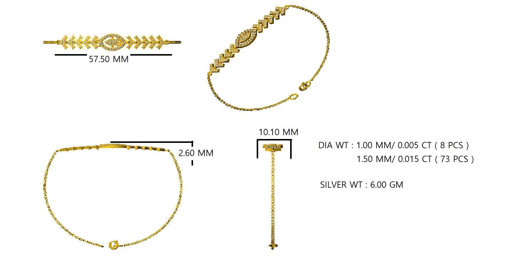 RKC 925 Sterling Silver 1.1 CT Gemstone for Women's Bracelet 14K Yellow Gold Plated Weight 6.00 GM