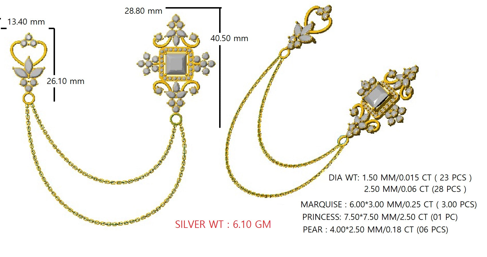 RKC Moissanite 925 Sterling Silve Brooch 14K Rose Gold Plated Product Wt 6.10 GM Height 40.50 MM