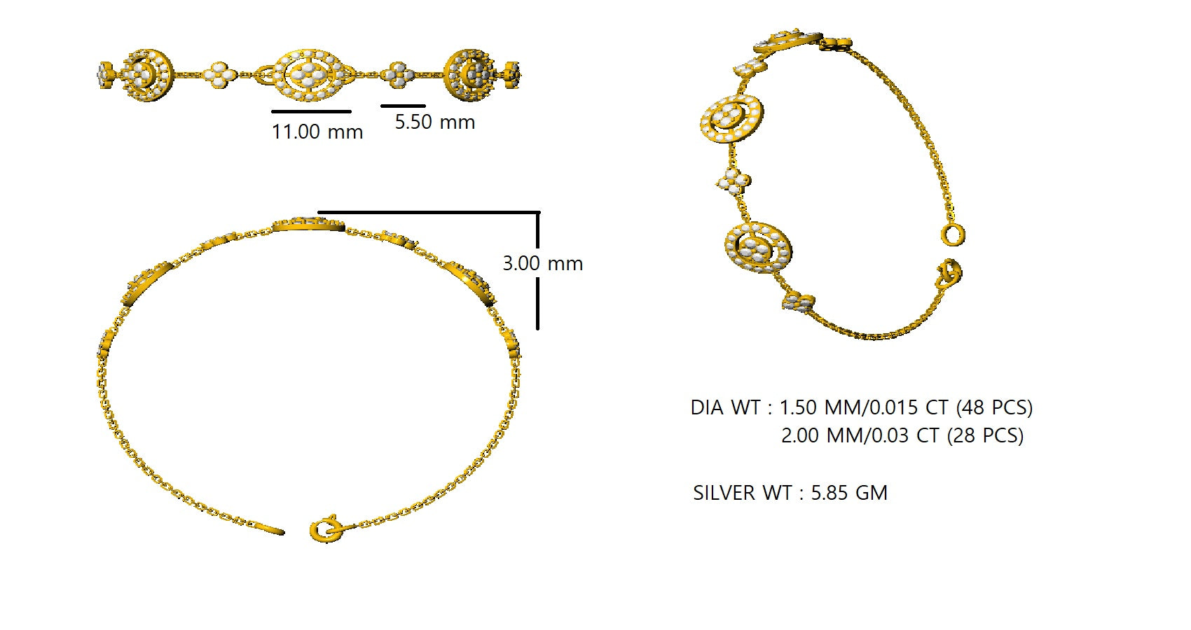 Bracciale da donna in argento sterling RKC 925 con moissanite da 1,56 ct, placcato in oro rosa 14 carati, peso 5,85 g