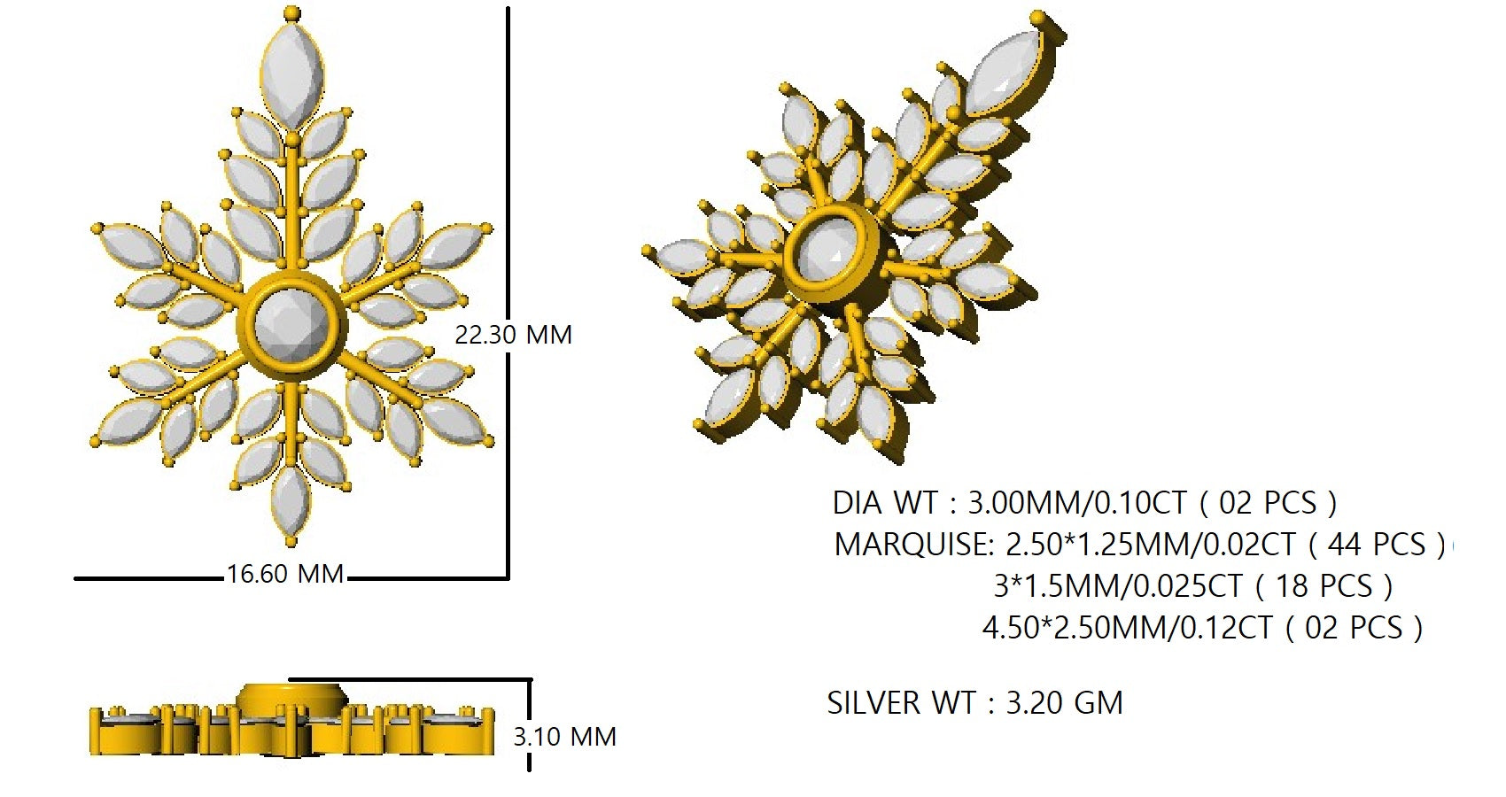 RKC 925 Silver Golden Total 2.69Ct CZ Pendant Wt 3.60gm And Wt Earring 3.20gm Set With 14K Yellow Gold Plated