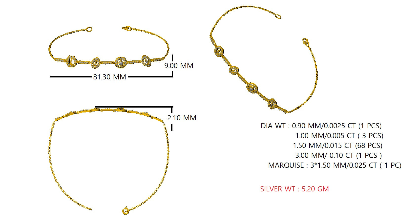 Bracciale da donna RKC in argento sterling 925 da 1,16 ct, placcato in oro bianco 14 carati, peso 5,20 g, altezza 81,30 mm