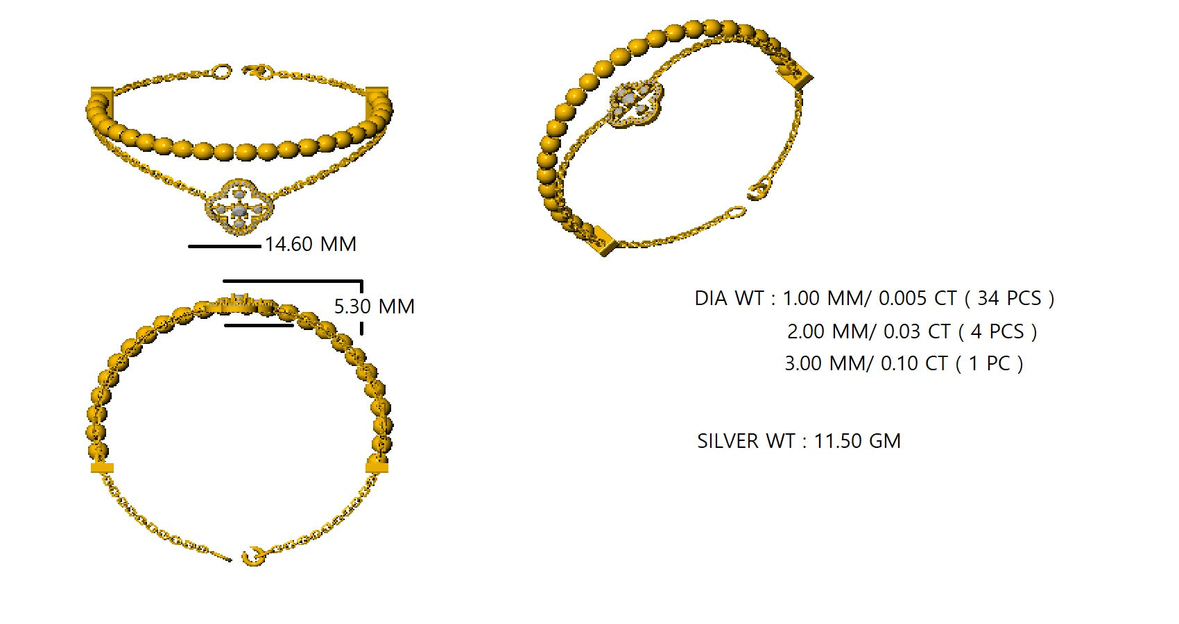 Bracciale da donna in argento sterling RKC 925 con moissanite da 0,39 ct, placcato in oro giallo 14 carati, peso 11,50 g