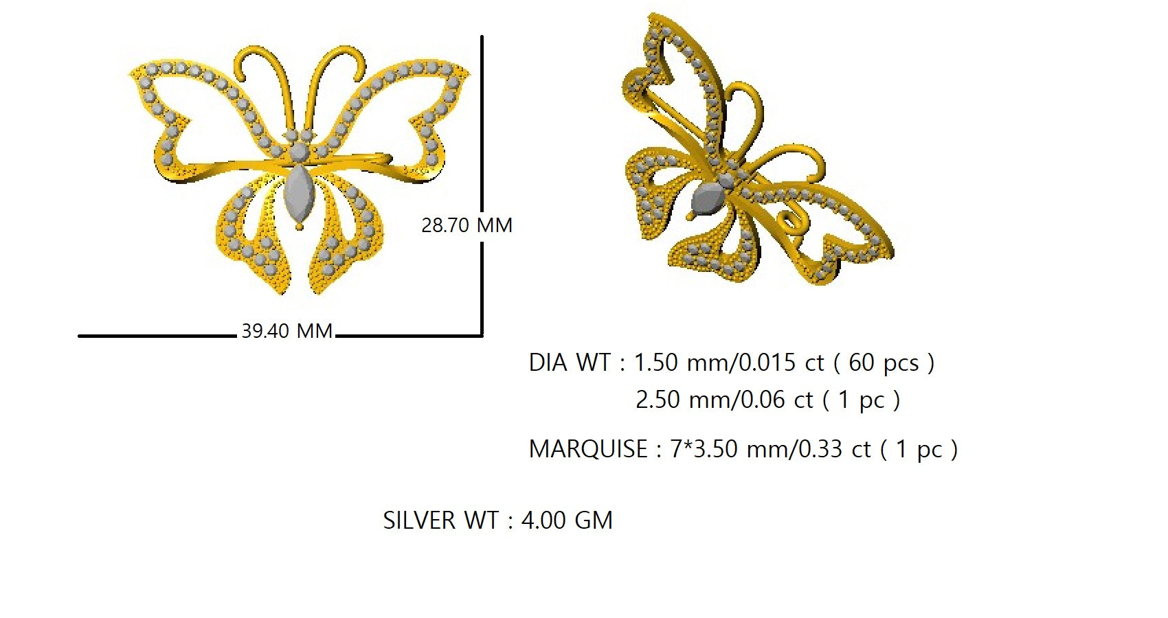 RKC 0,96Ct Moissanite 925 Ασημένια καρφίτσα πεταλούδα 14 καρατίων ροζ επιχρυσωμένο προϊόν Wt 4,00 γρ.