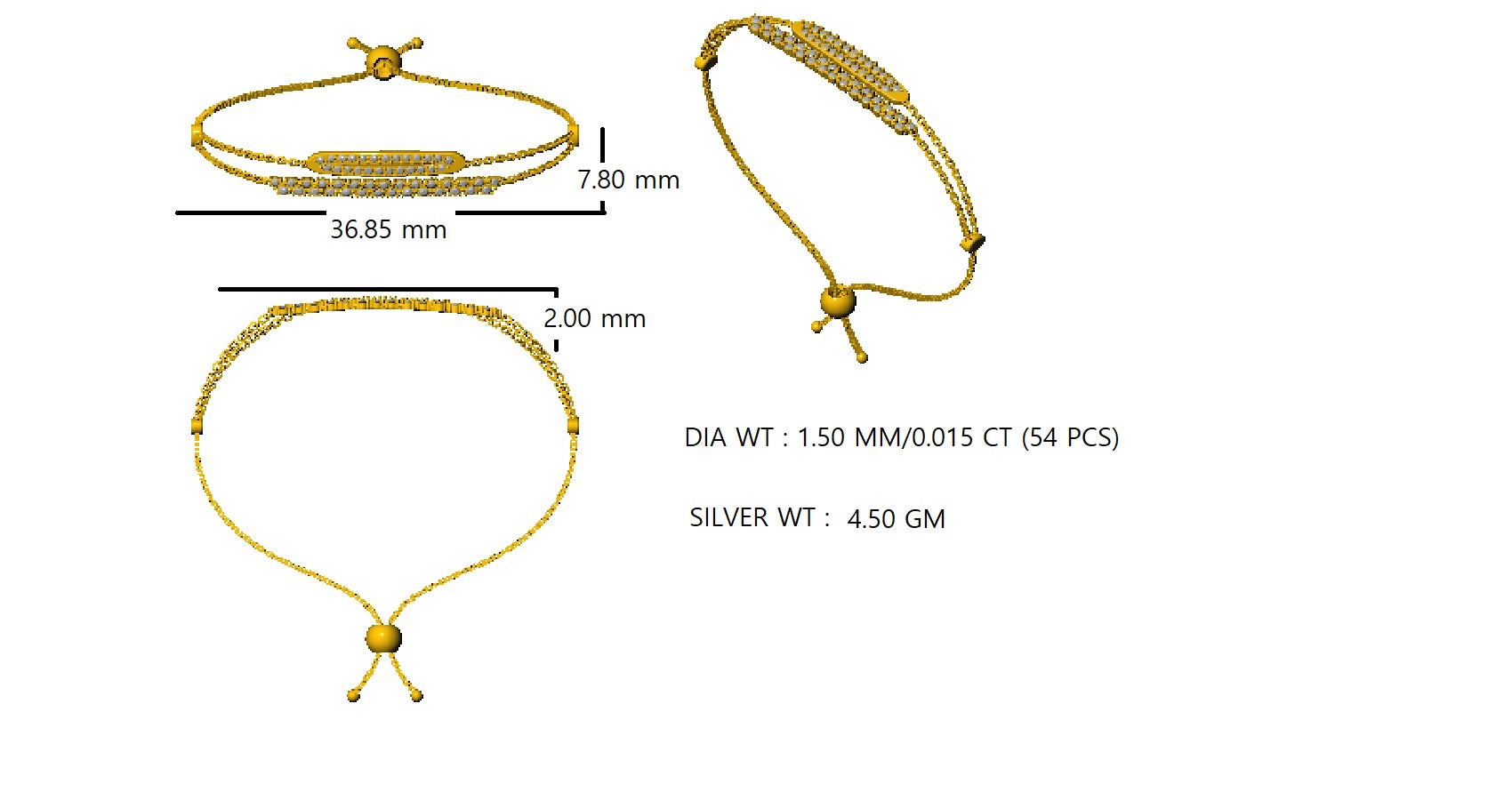 RKC 925 Sterling Silver 0.81Ct Moissanite Women's Bracelet 14K Yellow Gold Plated Wt 4.50gm Height 36.85mm