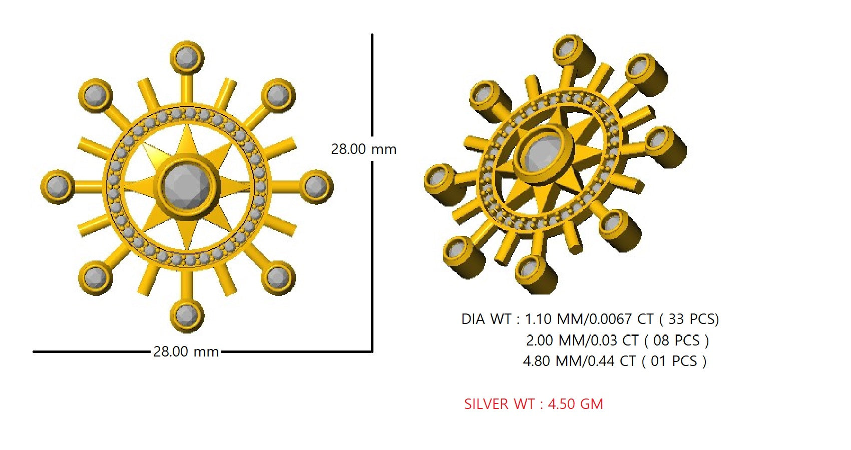 RKC Moissanite 925 Sterling Silve Brooch 14K Yellow Gold Plated Product Wt 1.60 GM Height 22.00 MM