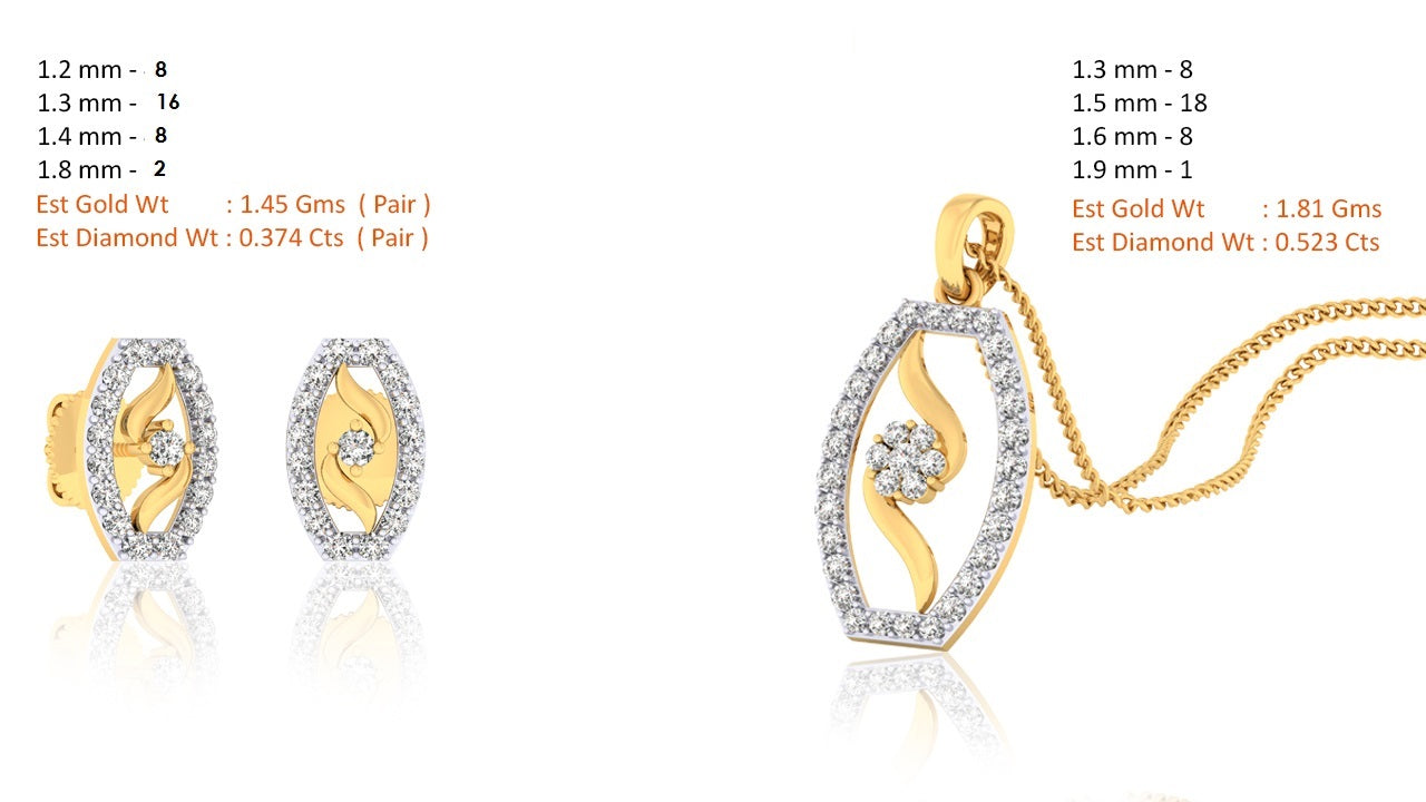 RKC 925 सिल्व्हर गोल्डन टोटल 0.89 Ct मॉइसॅनाइट पेंडंट Wt 3.50gm आणि Wt कानातले 2.00gm सेट 14K यलो गोल्ड प्लेटेड