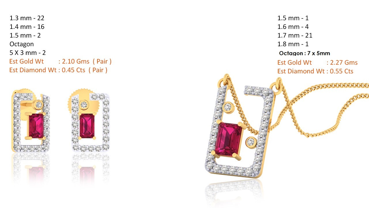 RKC 925 Срэбра Залаты Усяго 1,00 карата Рубінавы кулон Вага 3,70 г і завушніцы 2,10 г Камплект з пакрыццём з 14-каратнага жоўтага золата